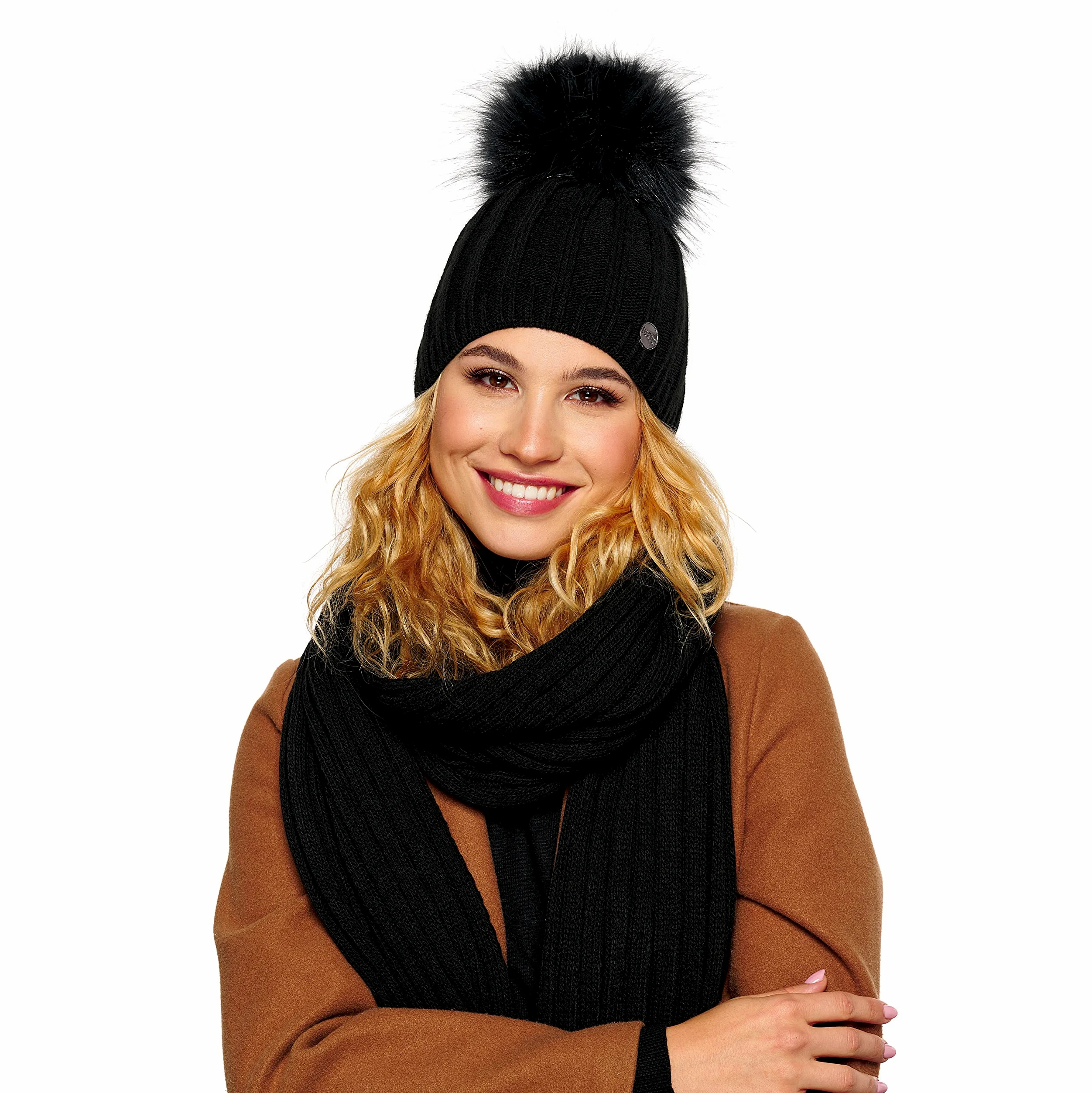 ELIMELI® Gorro de cachemira para mujer, gorro de punto, gorro de invierno de lana con cachemira y pompón de piel sintética. Fabricado en la UE, Negro - Set con bufanda, Talla única