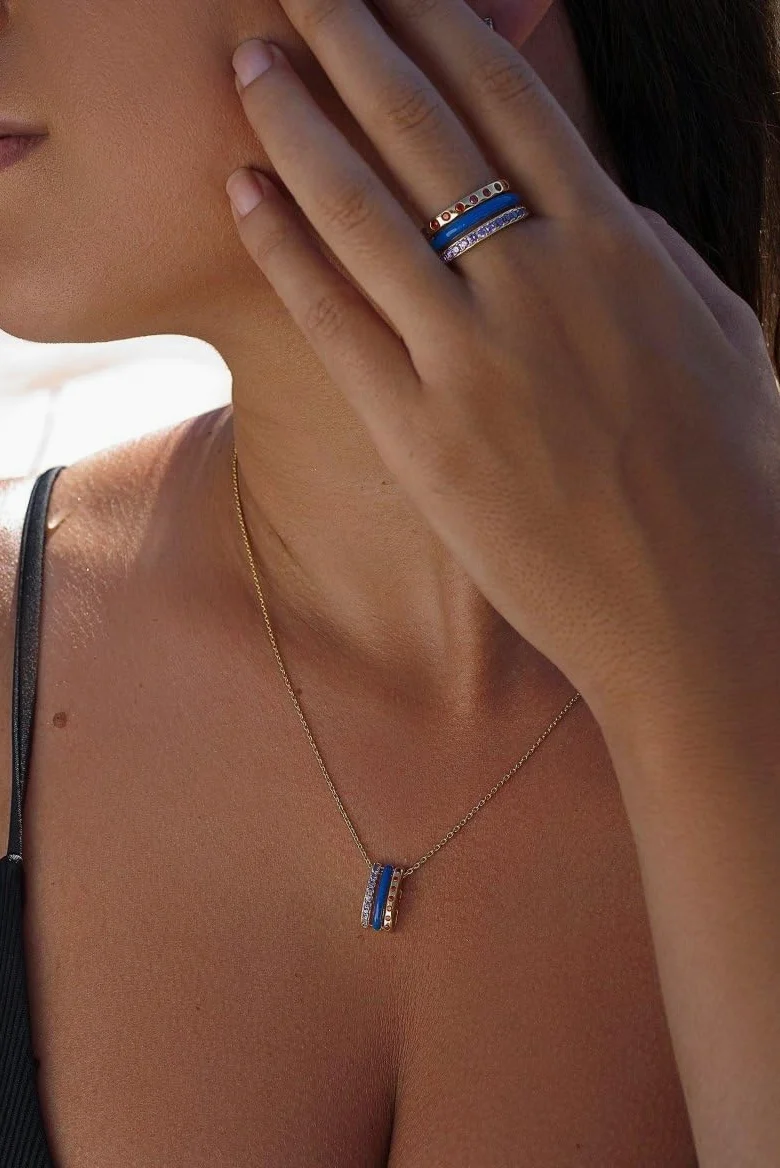 Anillos Anchos diseño Combinado de Esmalte Azul y Gemas