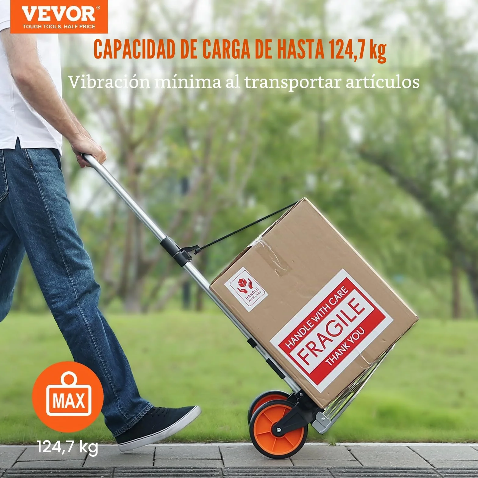 VEVOR Carretilla de Mano Plegable de Aluminio Carga 125 kg Carro de Mano con Ruedas de Goma Mango Telescópico