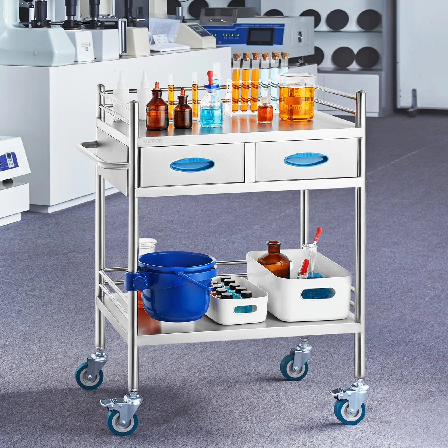 VEVOR Carrito de Médico 2 Capas 2 Cajones 59,9 x 42,9 x 85,1 cm Acero Inoxidable 4 Ruedas Omnidireccional