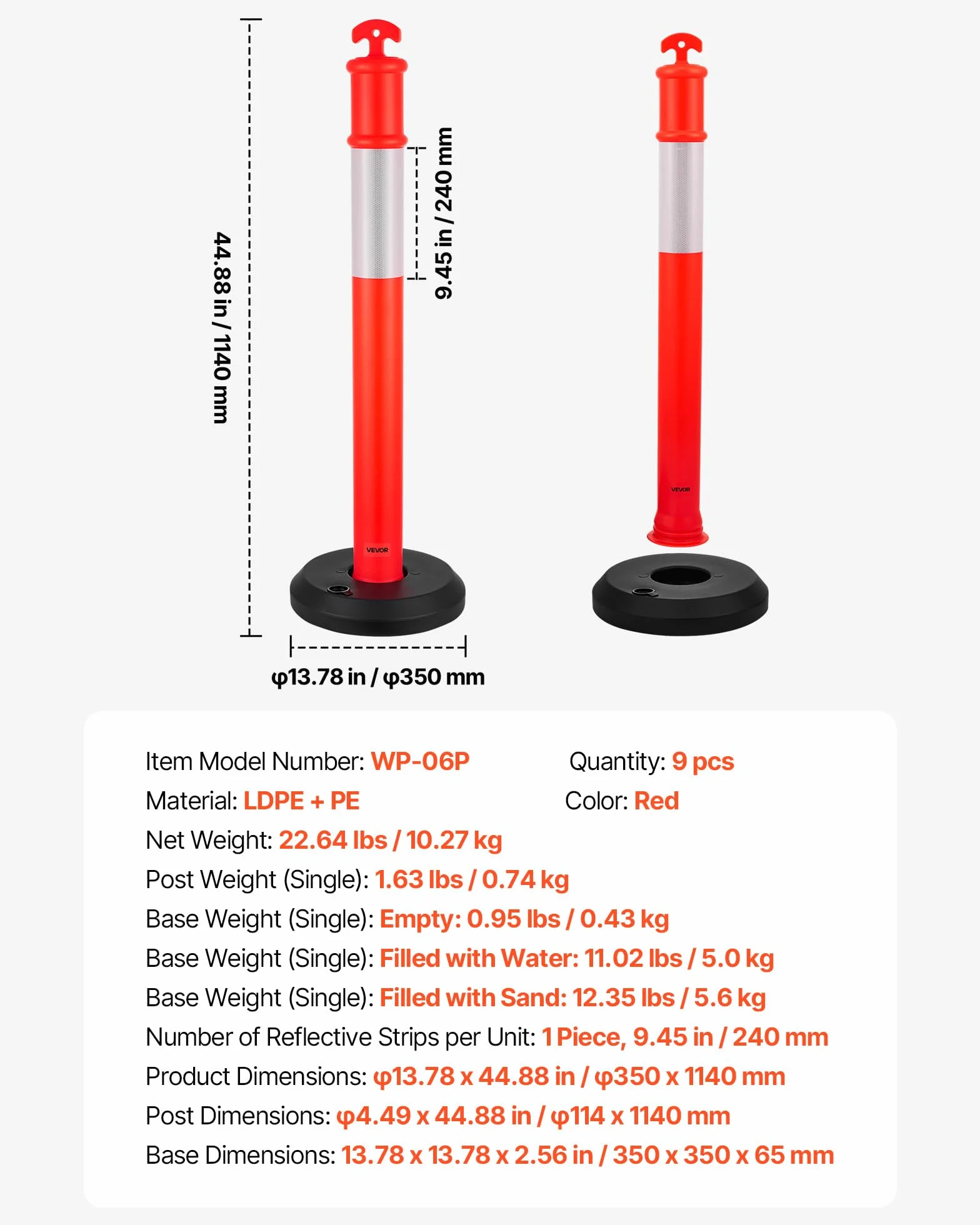 VEVOR Postes de Tráfico 9 Piezas Bolardo 1140 mm Base Rellenable Banda Reflectante Rojo