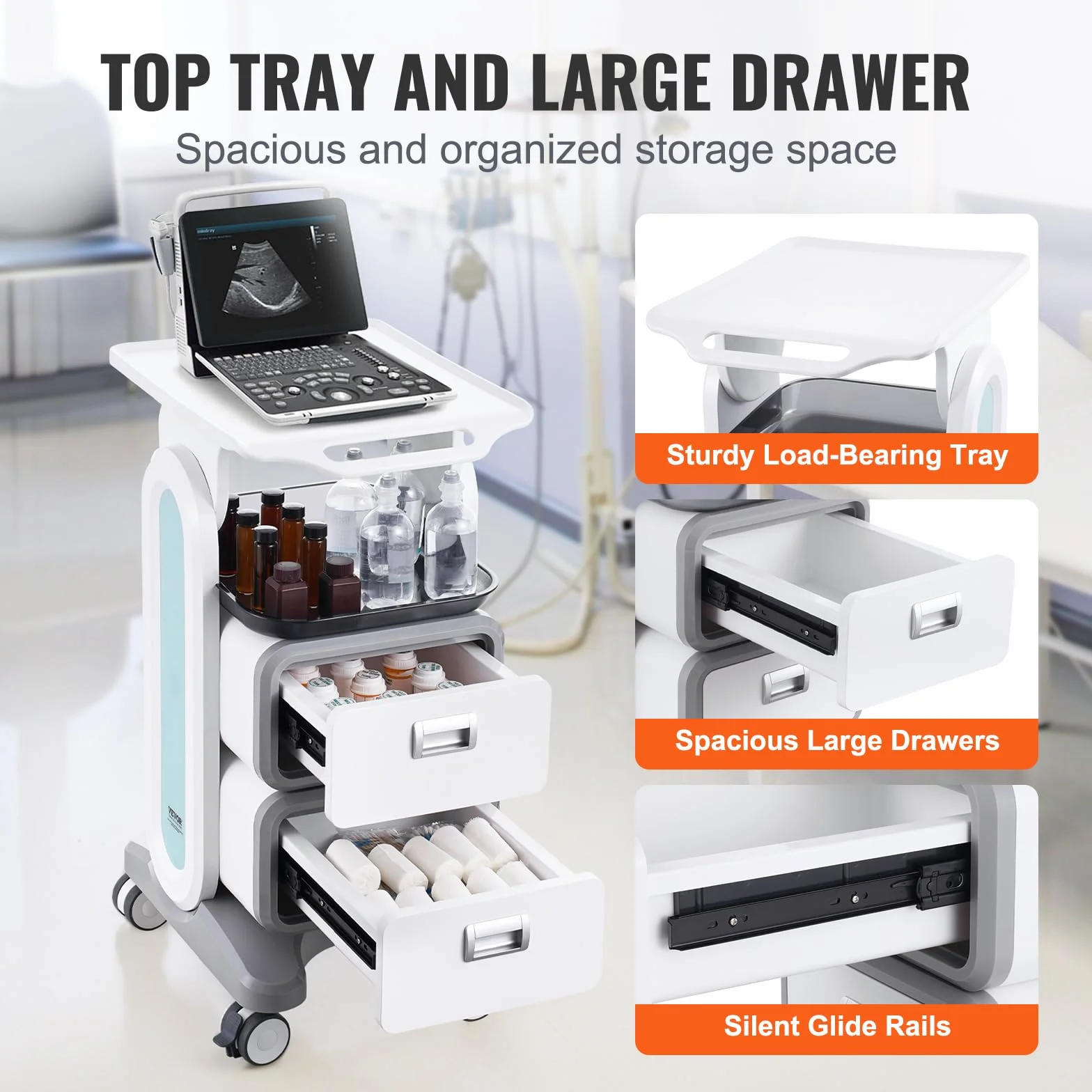 VEVOR Carro Médico 3 Niveles con 2 Cajones, ABS Blanco para Laboratorio Clínica Hospital
