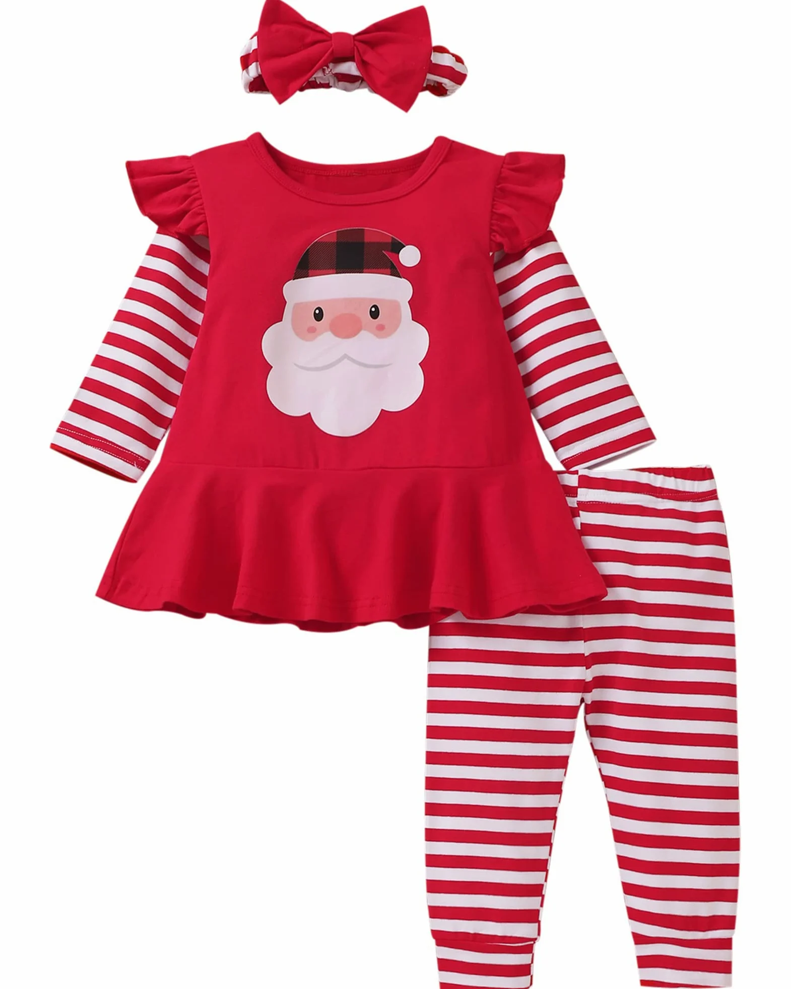 fioukiay Conjunto de ropa de Navidad a cuadros para niñas pequeñas, 3 piezas, pantalones tipo túnica para bebé, otoño e invierno