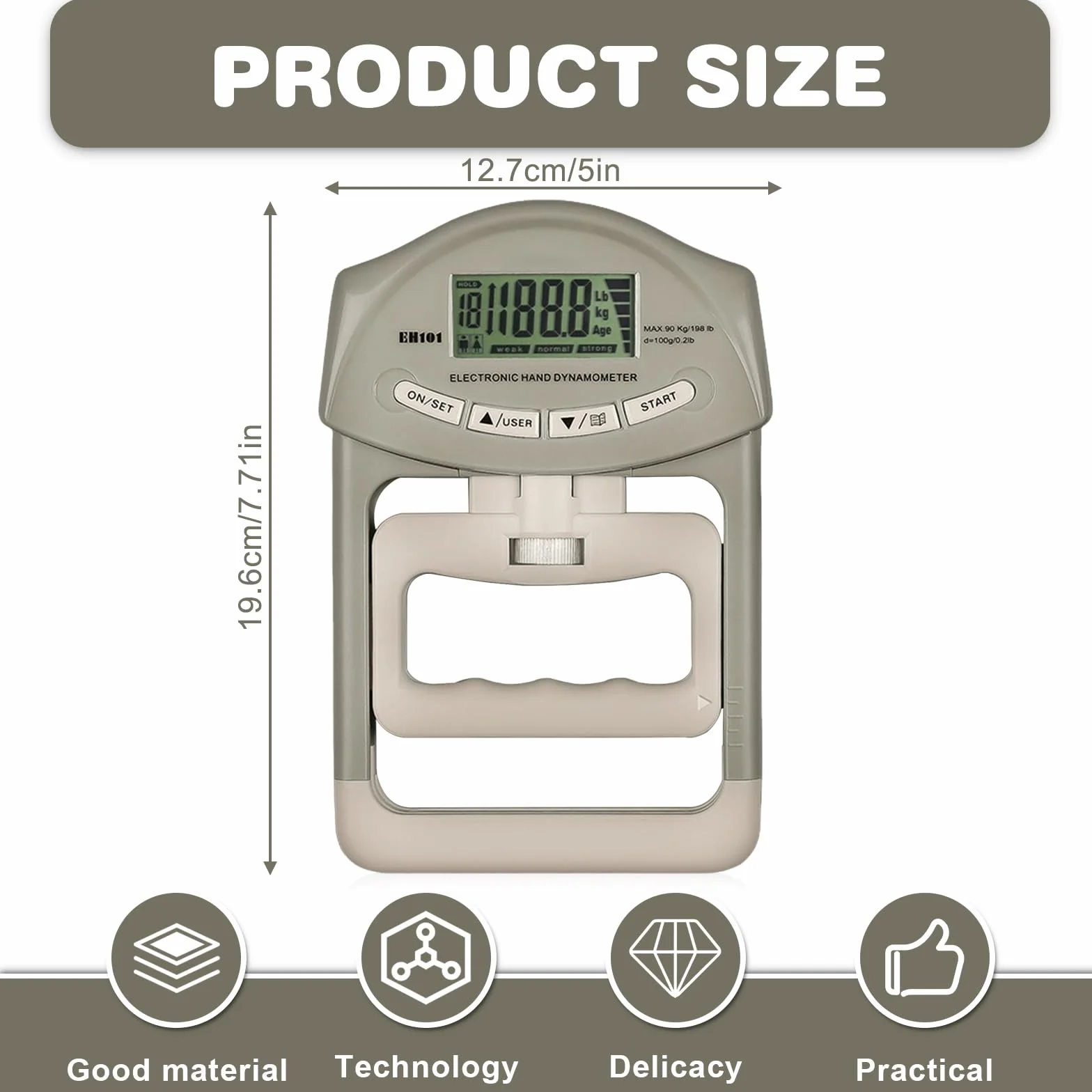 Dinamómetro Digital de Mano 180 kg con Cable USB, Medidor de Fuerza de Agarre con Pantalla LED Gris