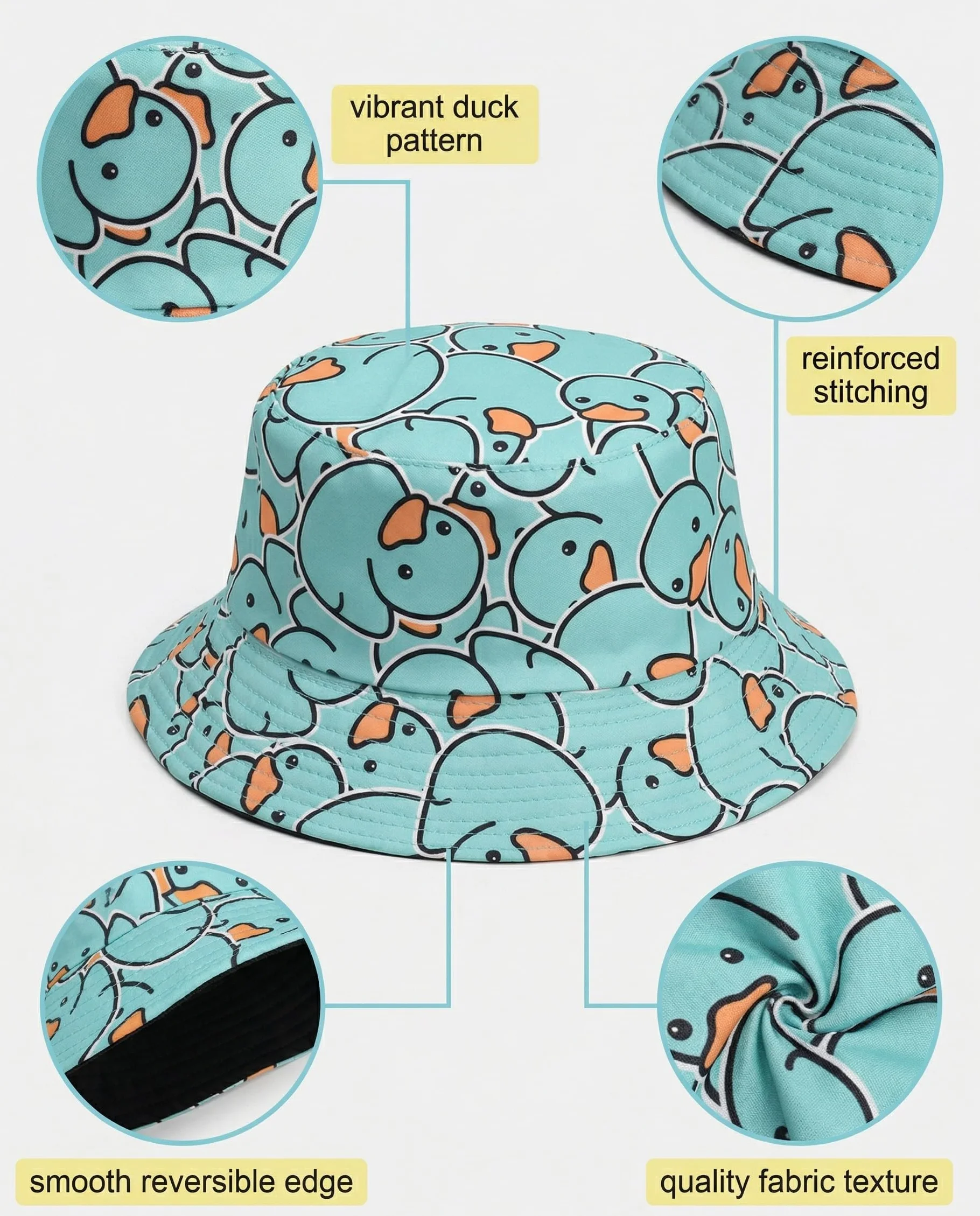 Sombrero Divertido para el Sol de Verano, Gorro de Pescador Reversible con Ala Ancha, Diseño de Pato Amarillo para Niños y Adultos, Unisex (Amarillo)
