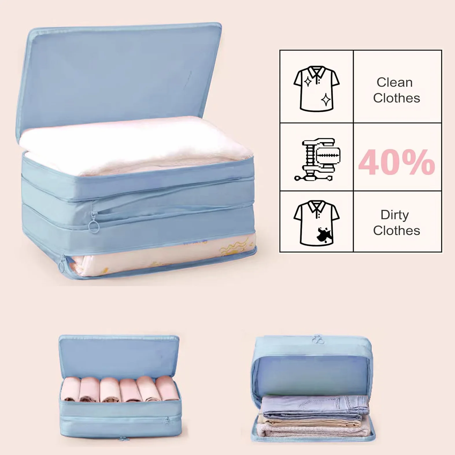 Cubos de embalaje de compresión de doble capa para viajes, bolsas organizadoras de equipaje comprimibles para maleta, bolsa de embalaje, accesorios de viaje, azul, L