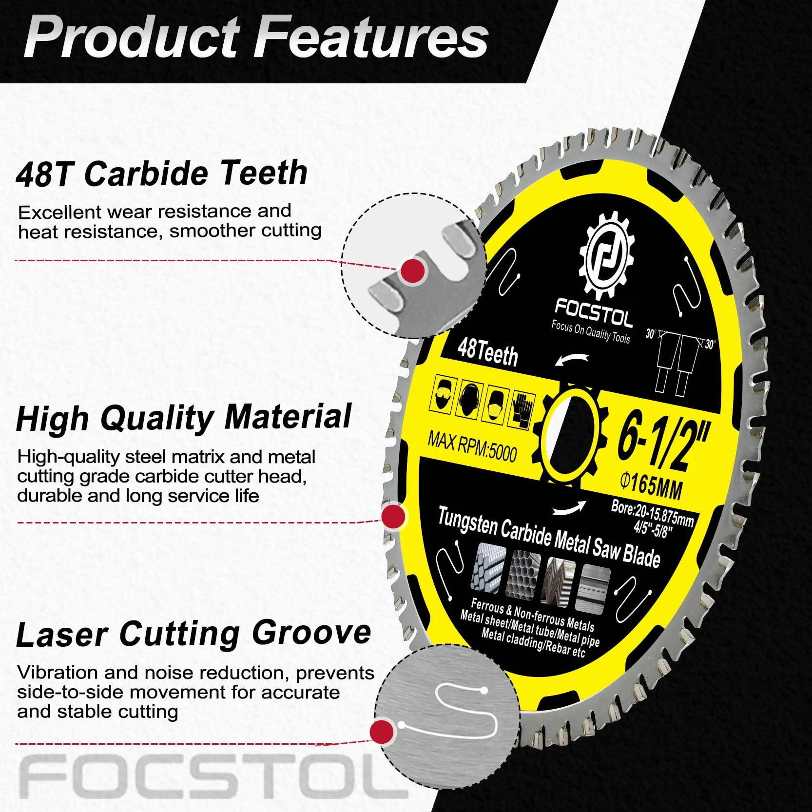 FOCSTOL Hoja de Sierra Circular para Metal 165mm x 20mm x 15,875mm 48 Dientes Disco Corte Acero Inoxidable