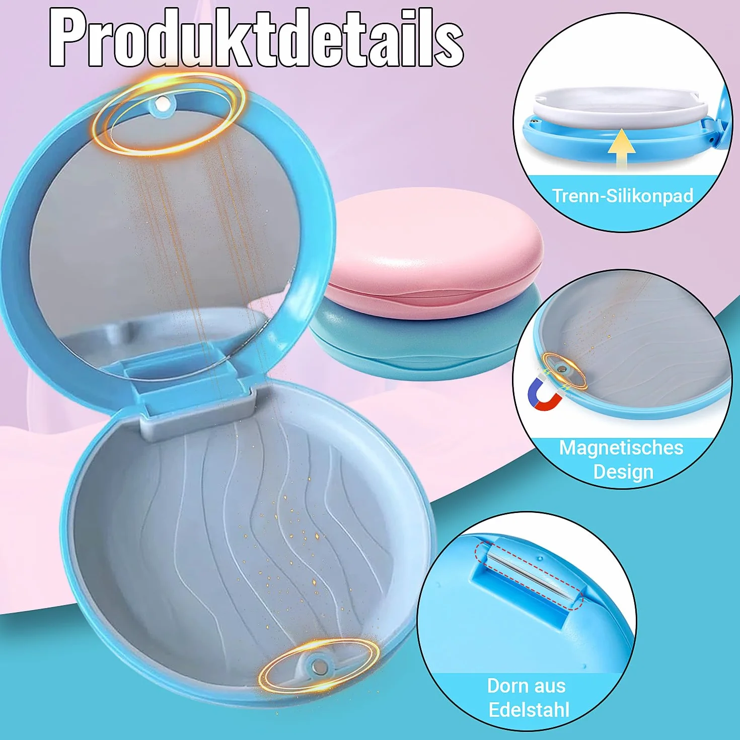 Caja de Dentaduras Portátil con Espejo 2 PC para Retenedores Soportes Protectores Bucales Azul y Rosa