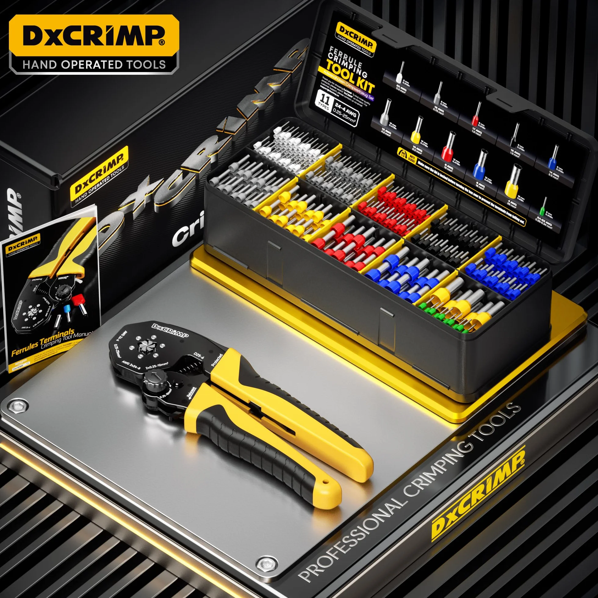 Kit de Crimpadora de Punteras Huecas 0,25-25 mm² (AWG 24-4) - Surtido 11 Tipos de Terminales - Alicates para Electricistas