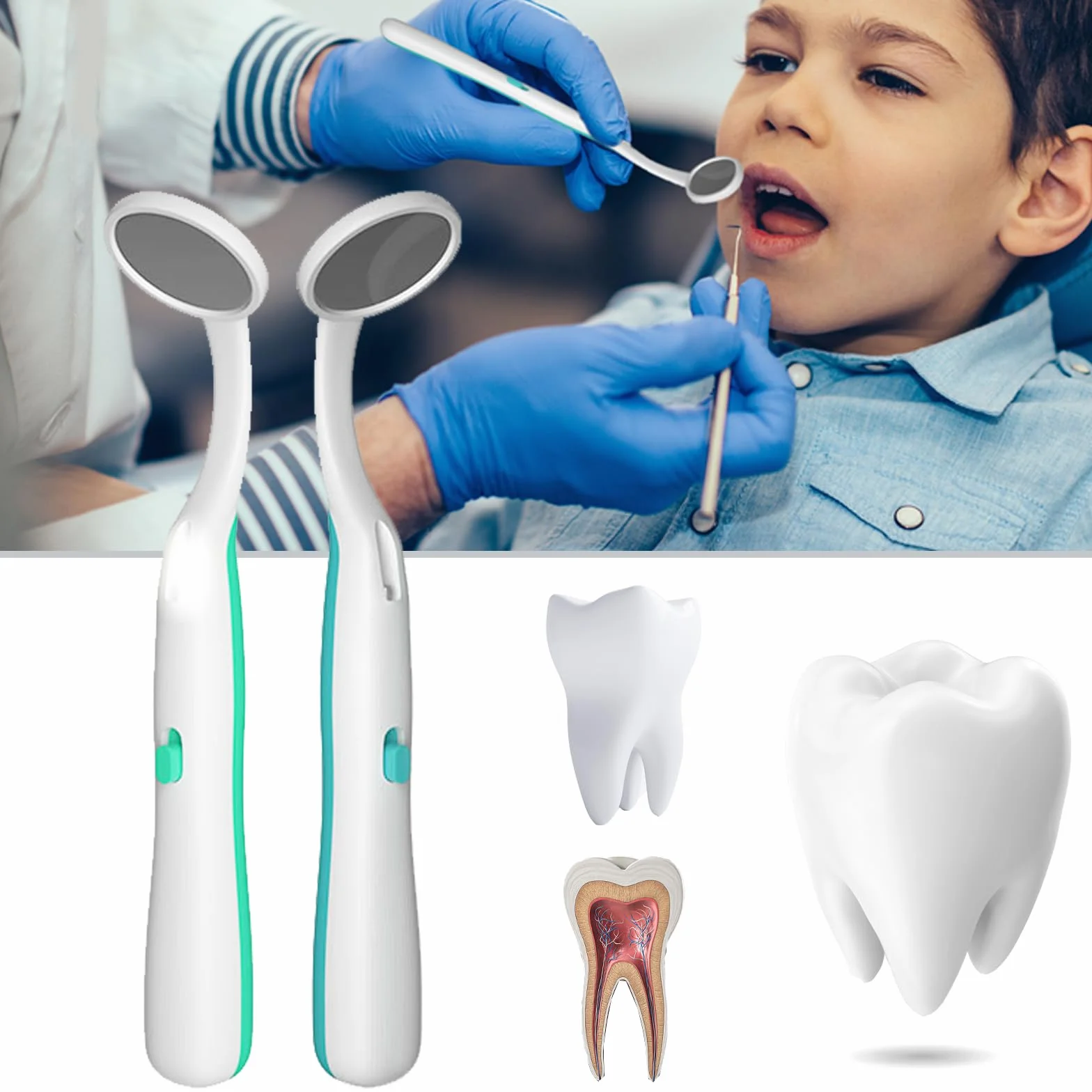 Espejos dentales con luz antivaho 15cm, herramienta de cuidado bucal, paquete de 2, azul y verde