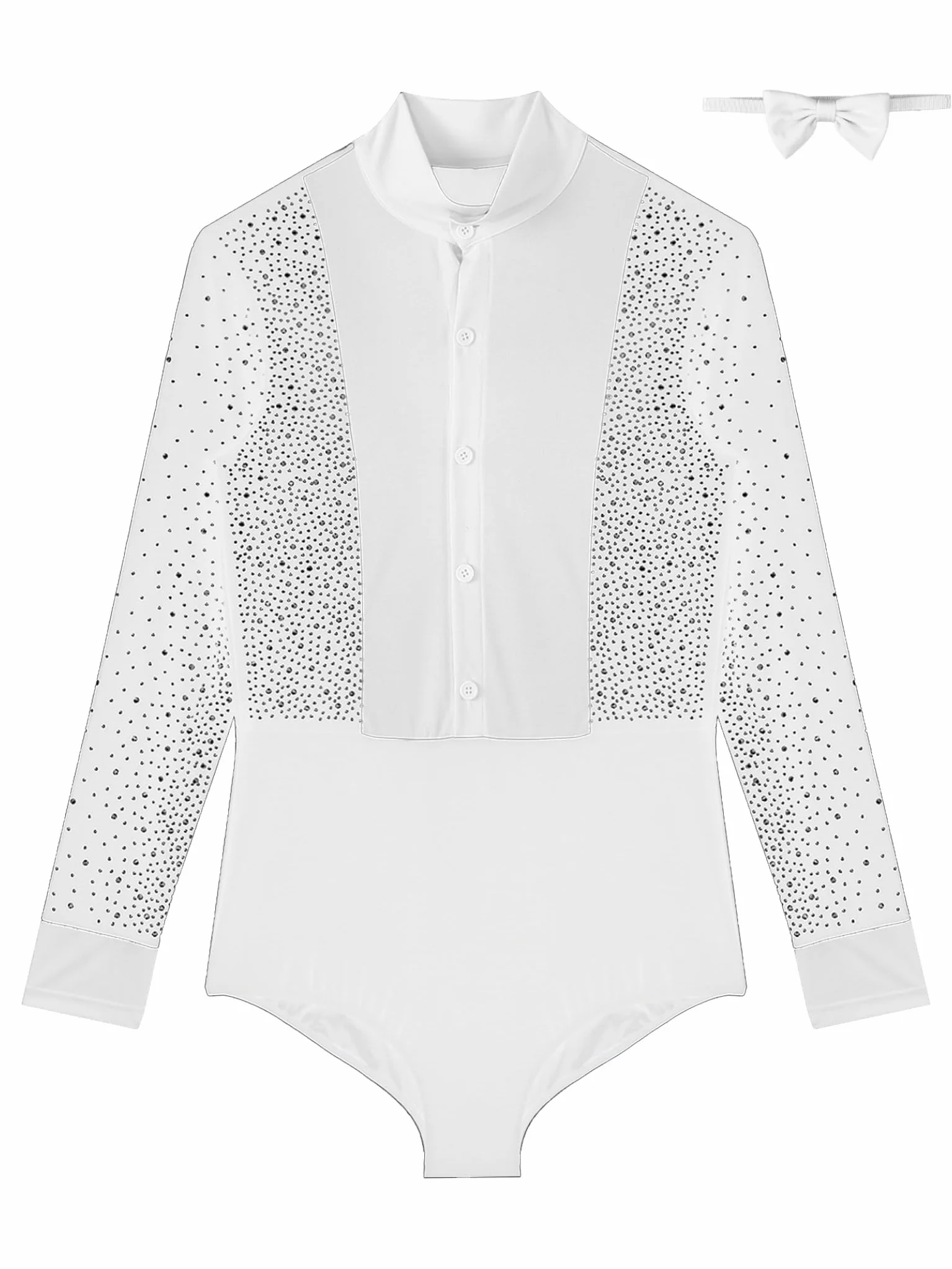 Yhong Camisa latina para hombre con diamantes de imitación, camiseta de una pieza, disfraz de danza con pajarita salsa samba chacha modernas camisetas de baile