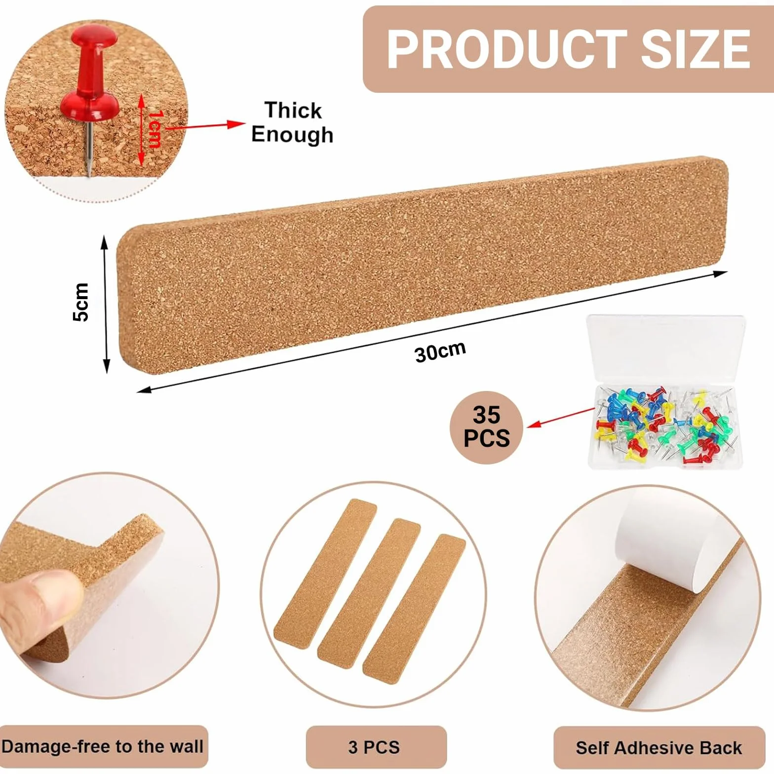 Tiras de corcho para pared autoadhesivas, 3 unidades, 3x2 pulgadas, con 50 chinchetas