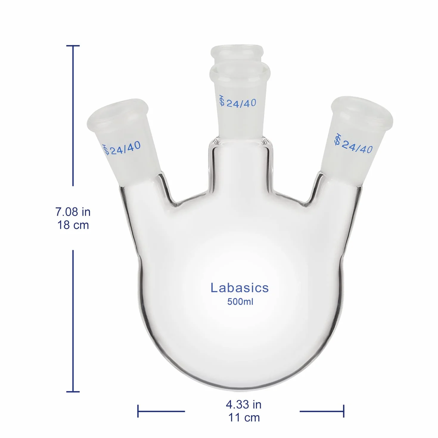 Labasics Matraz de Fondo Redondo 4 Cuellos, Vidrio Borosilicato Pared Gruesa, Junta 24/40, 500 ml