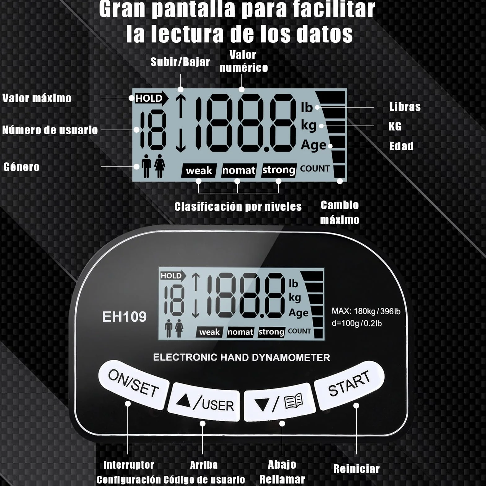 Dinamómetro de Mano Digital Automático 180KG Medidor de Fuerza de Agarre Electrónico Pantalla LCD