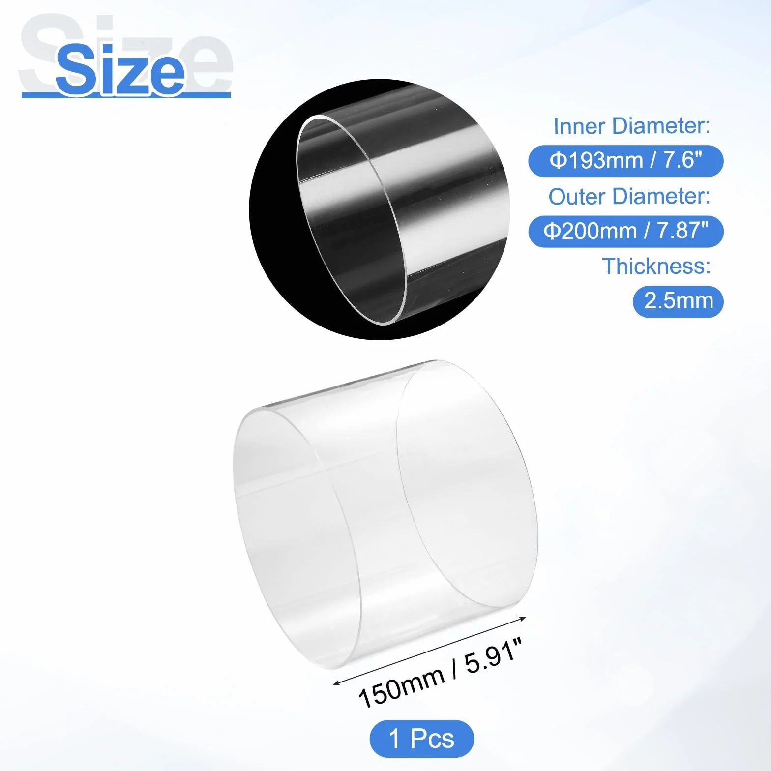 Tubo Rígido De Acrílico Transparente 193 mm DI x 200 mm DE 6" Policarbonato Tubería Plástico
