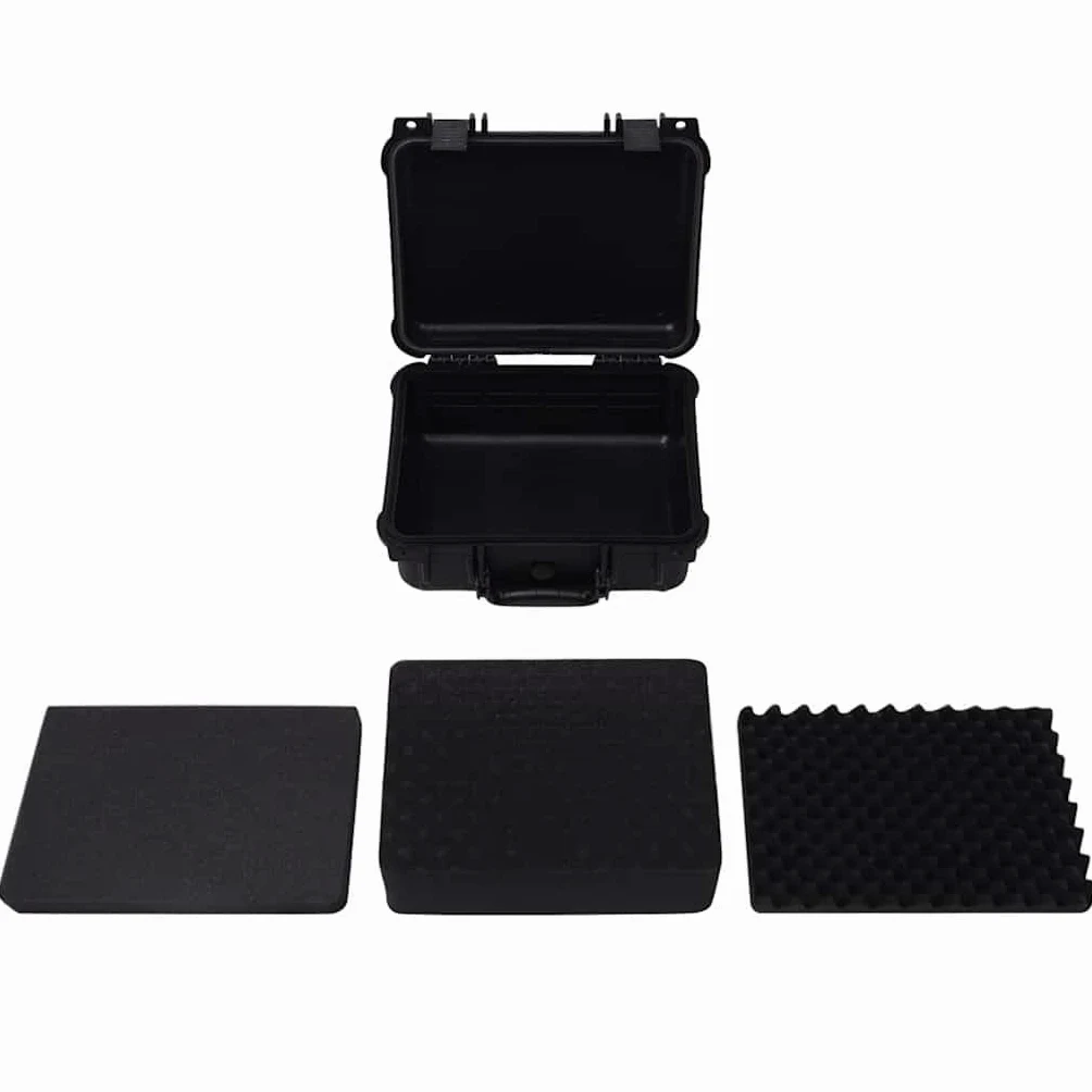 Maletín universal negro de polipropileno y ABS, 35 x 29,5 x 15 cm, rígida, con junta tórica, válvula de presión, insertos de espuma para cámara, lente, accesorios, viajes, exteriores