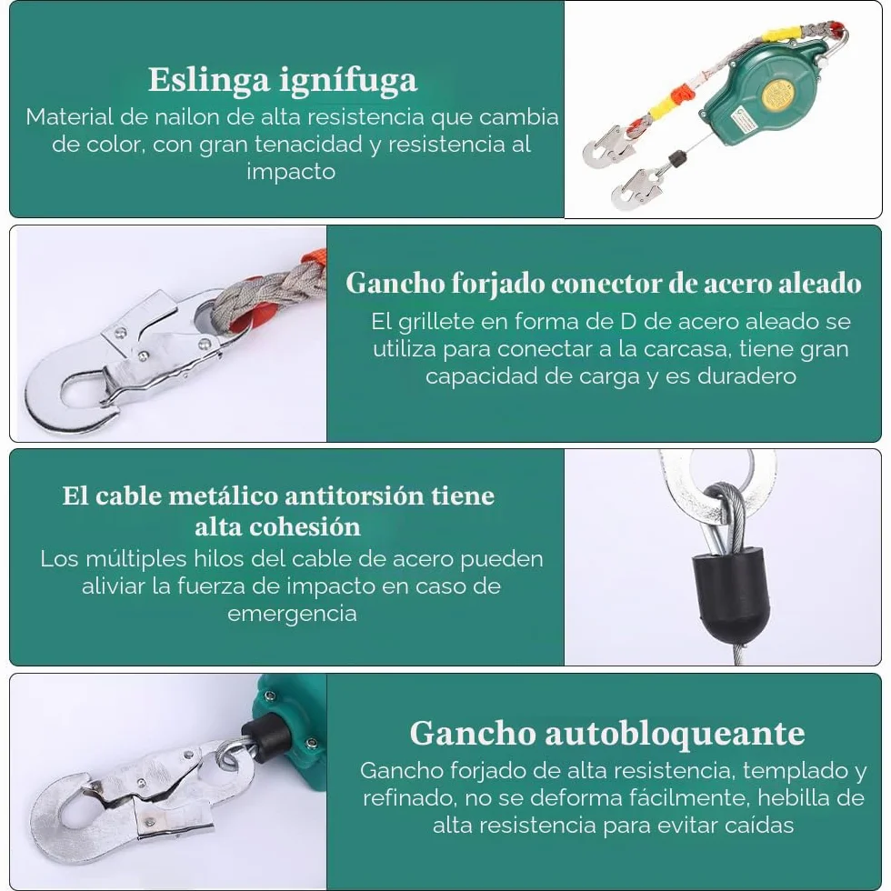 Dispositivo de seguridad de altura retráctil 10 m protección contra caídas carga máxima 150 kg