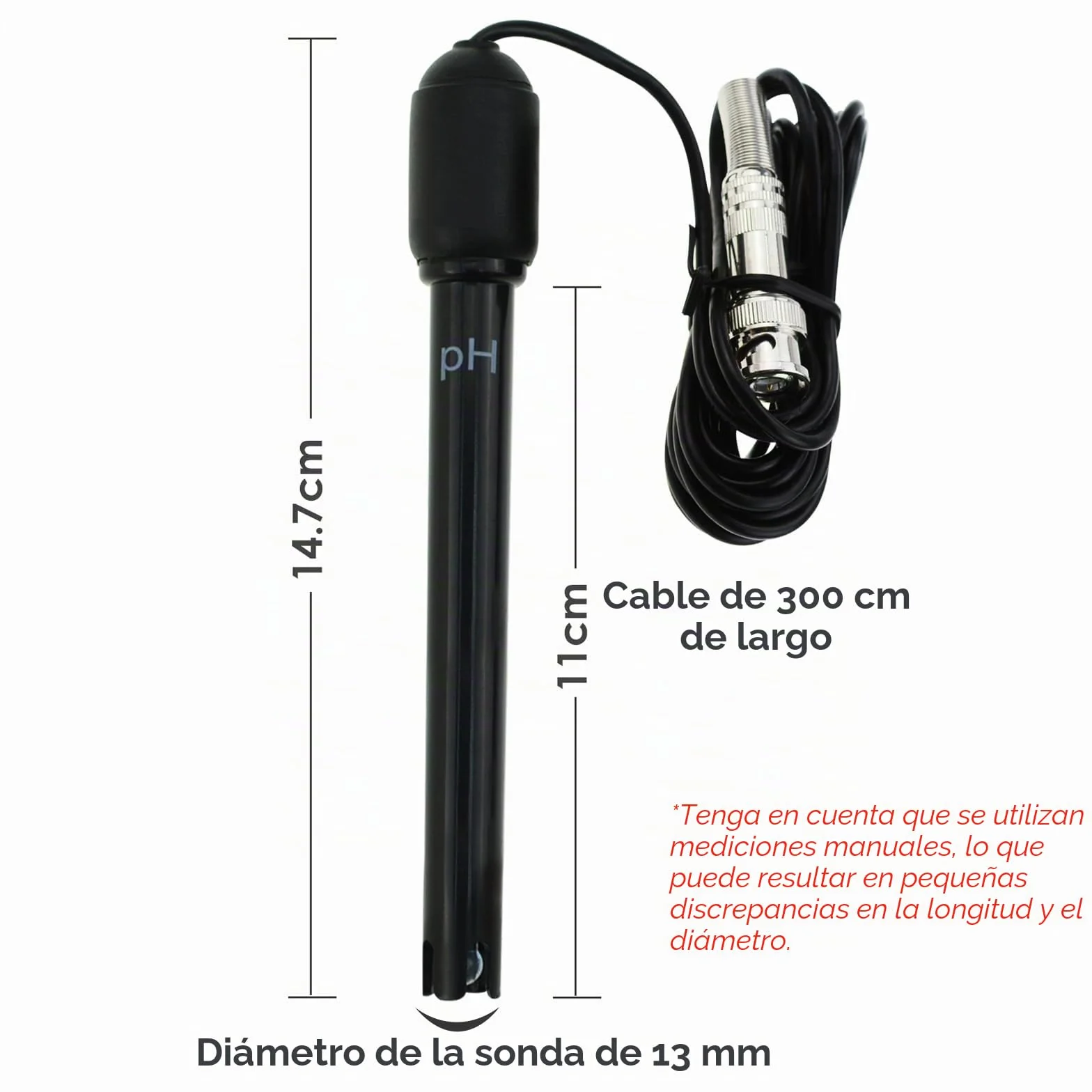 Sonda de pH 0-14 Conector BNC Cable 300cm para Medidor PH Monitor Controlador Sensor Kit Reemplazo Acuario Hidroponía