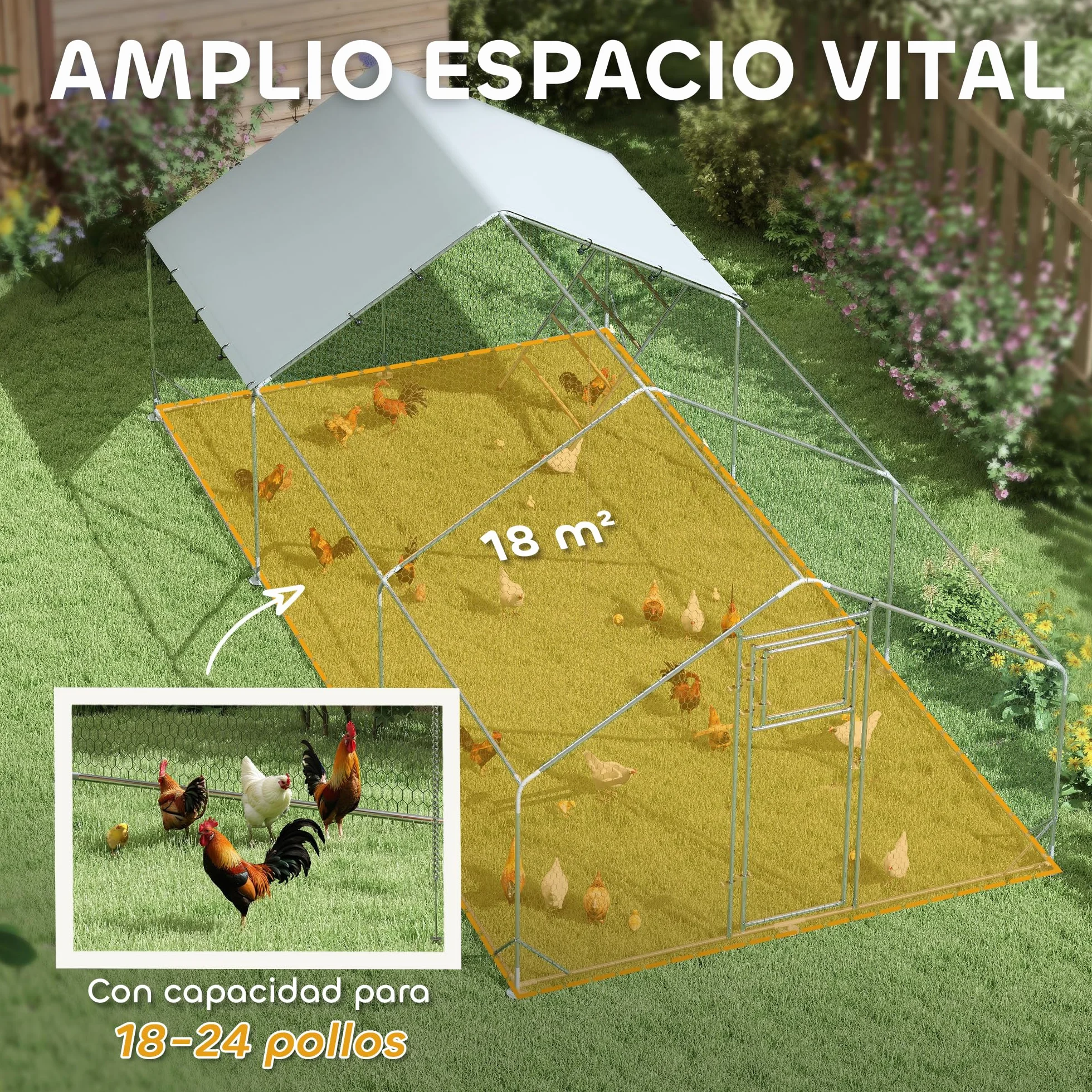 PawHut Gallinero Exterior 18 m² 3x6x1,95 m Acero Galvanizado para 18-24 Gallinas Impermeable Anti-UV