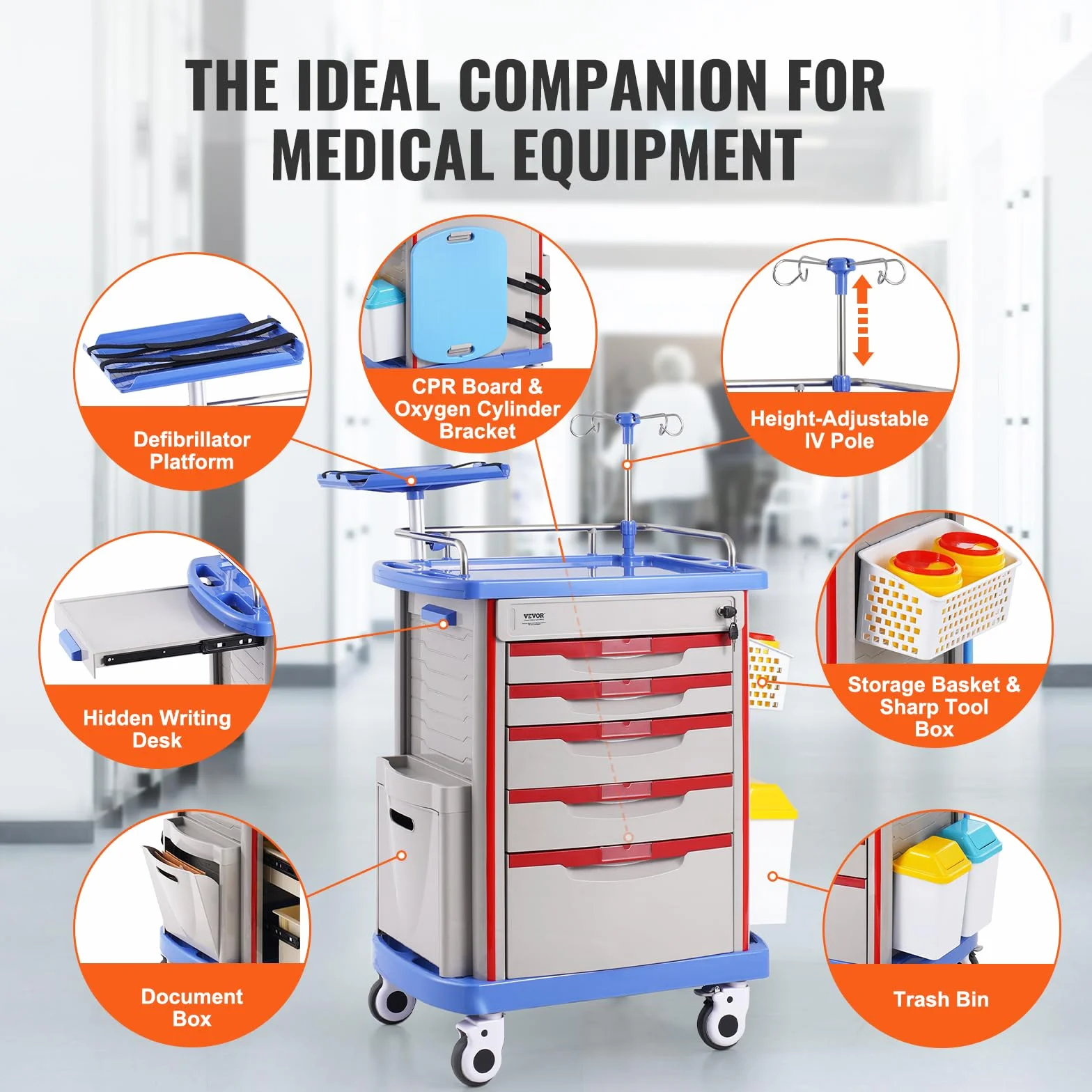 VEVOR Carro de Laboratorio de 5 Niveles Médico con 5 Cajones y 4 Ruedas Silenciosas Móvil PP Azul