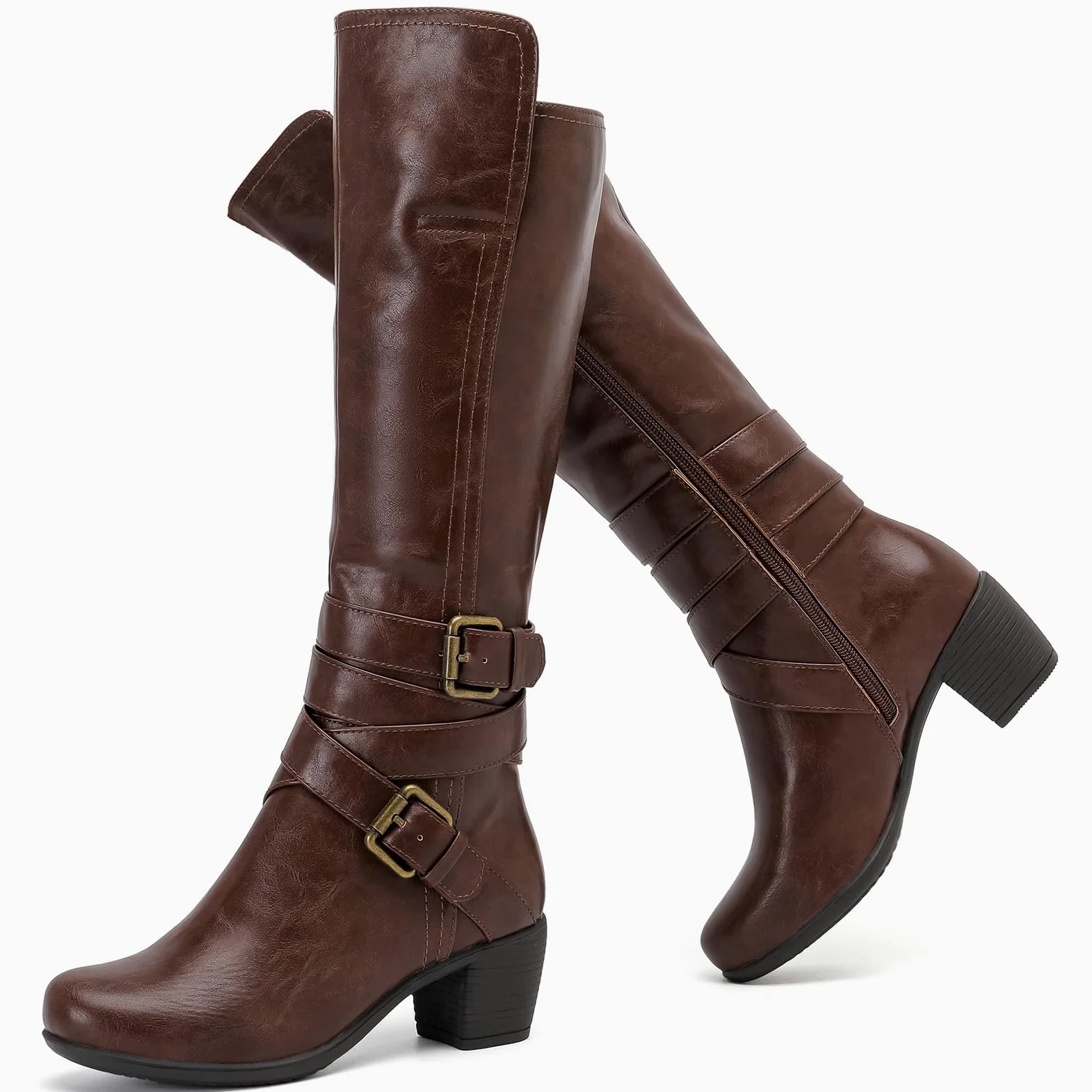 Ruiee Botas altas hasta la rodilla para mujer, cómodas, de tacón grueso, clásicas, puntiagudas, para otoño e invierno, tacón bajo, botas largas para mujer.