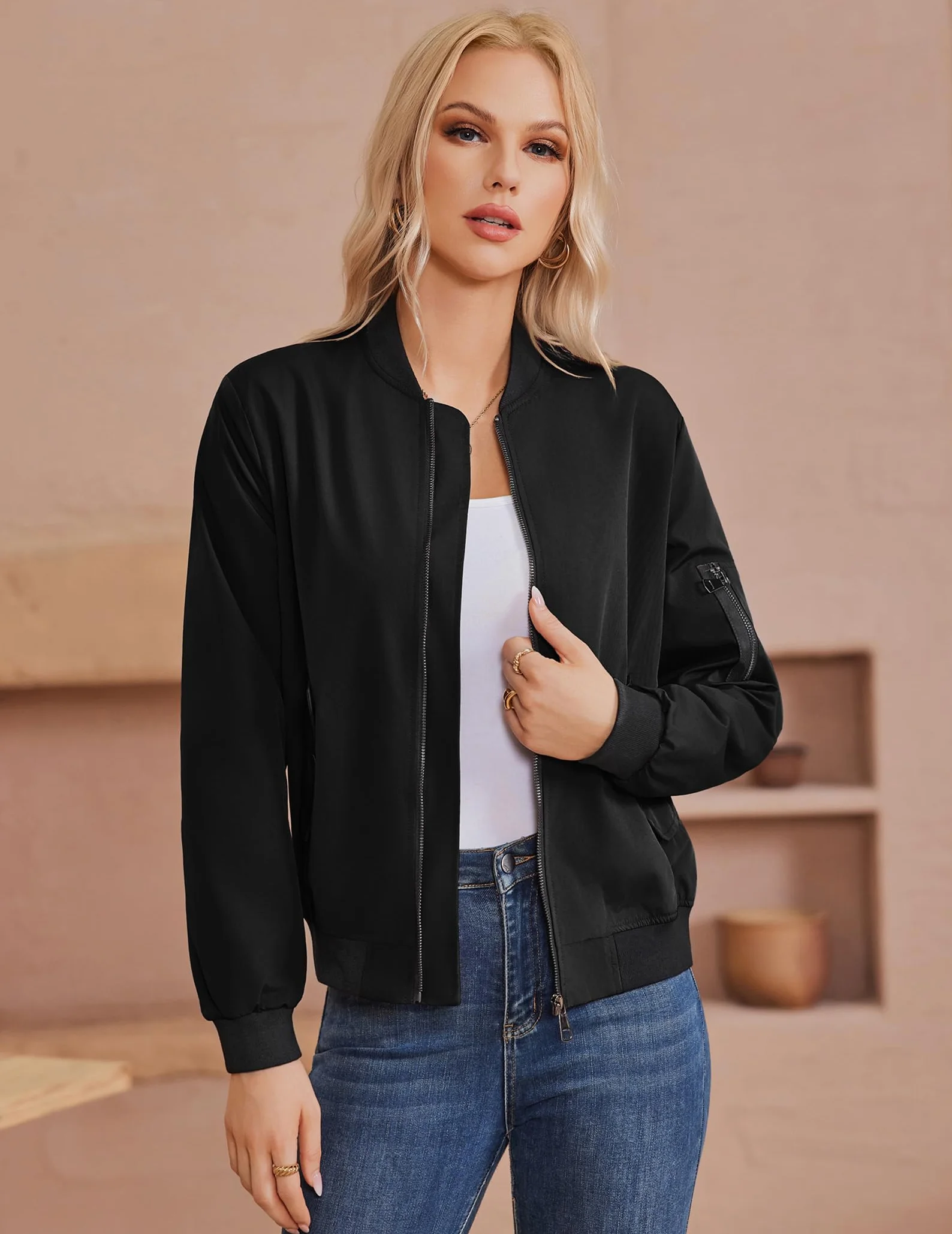 Zeagoo Chaqueta Bomber Mujer Ligera Corta Otoño Invierno Manga Larga Cremallera Cazadora Casual XS-3XL