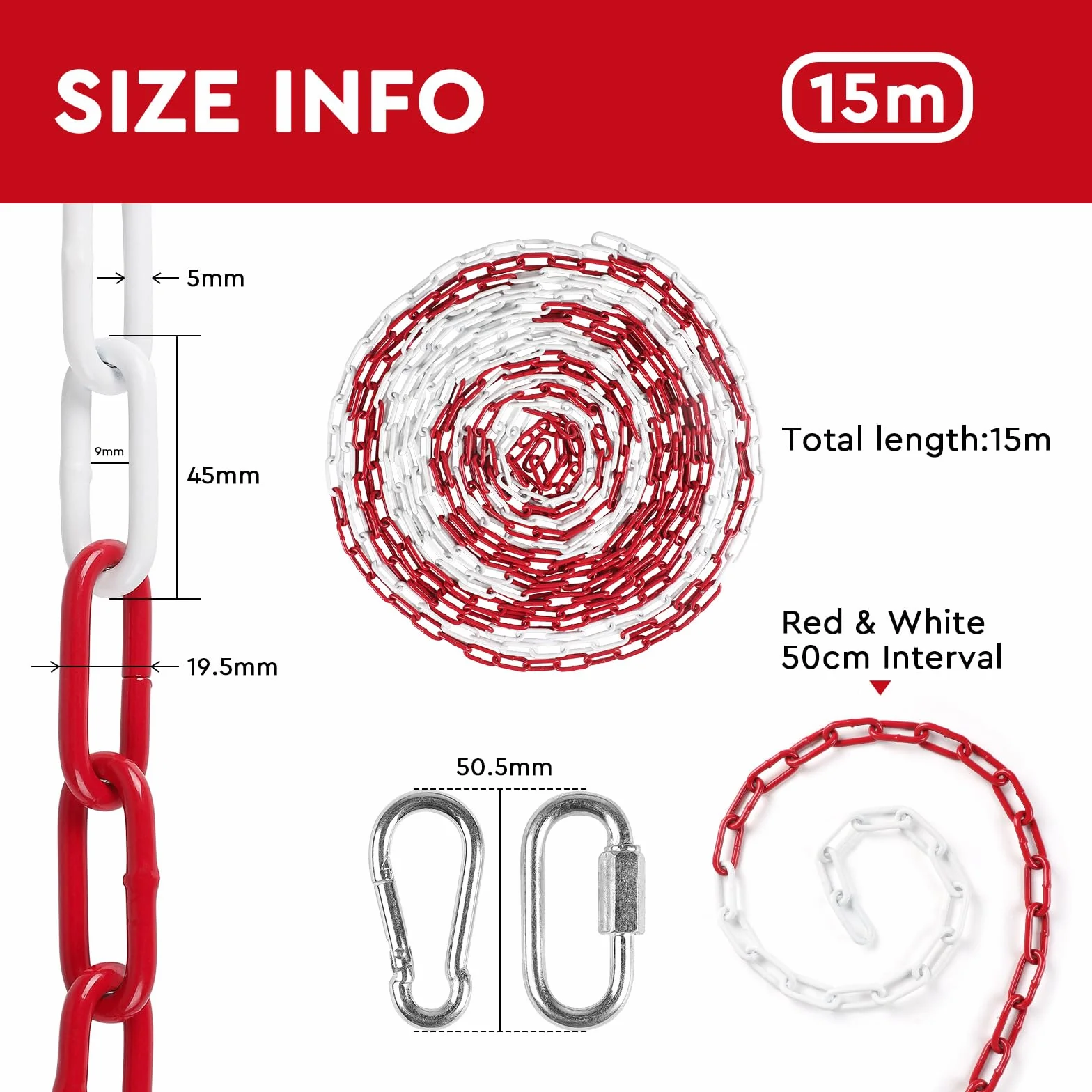 SWAWIS Cadena de Señalización Rojo y Blanco 15m 5mm Acero Galvanizado con Mosquetones