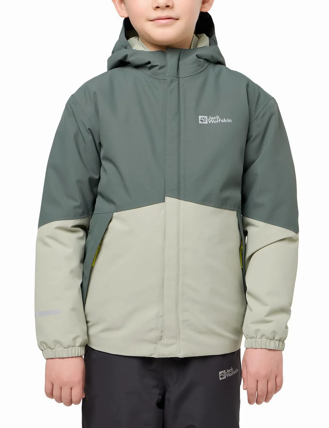 Jack Wolfskin - BLOCKY JACKET K, Chaqueta de plumas niños unisex, slate green/mint leaf,