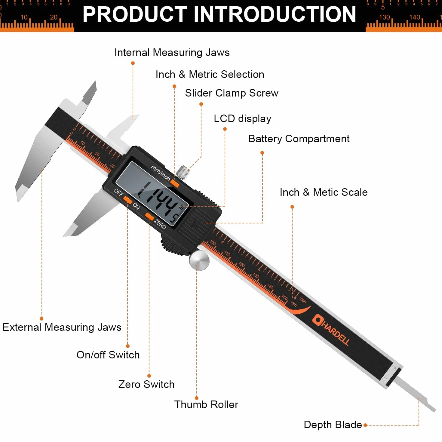 HARDELL Calibre Digital 150mm Pie de Rey Acero Inoxidable con Pantalla LCD