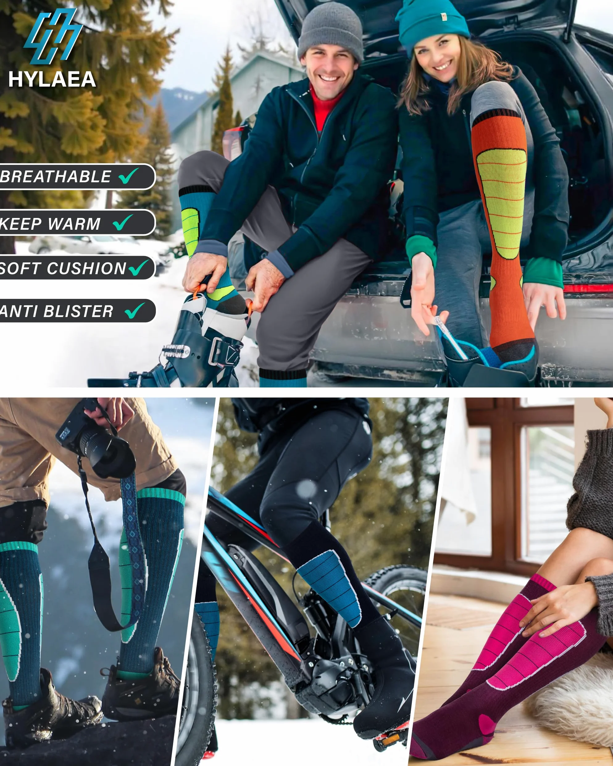 Hylaea - Calcetines de esquí de lana merina, para snowboard, nieve, invierno, caza, térmica, calor, para deportes al aire libre, color gris y negro, 2 pares de medias