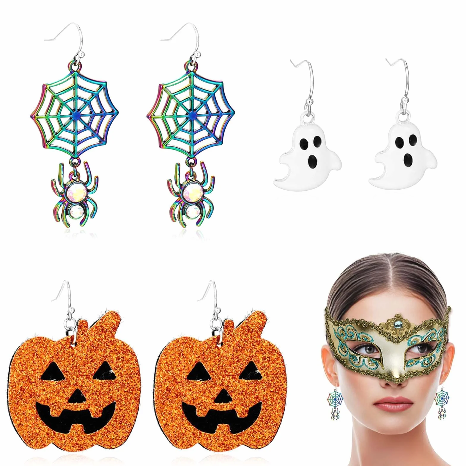3 Pares Pendientes Halloween, Halloween Calabaza Fantasma Araña Pendientes para Mujeres, Accesorios Vampiro Mujer, Novedosas para Regalos, Decoración de Brujas