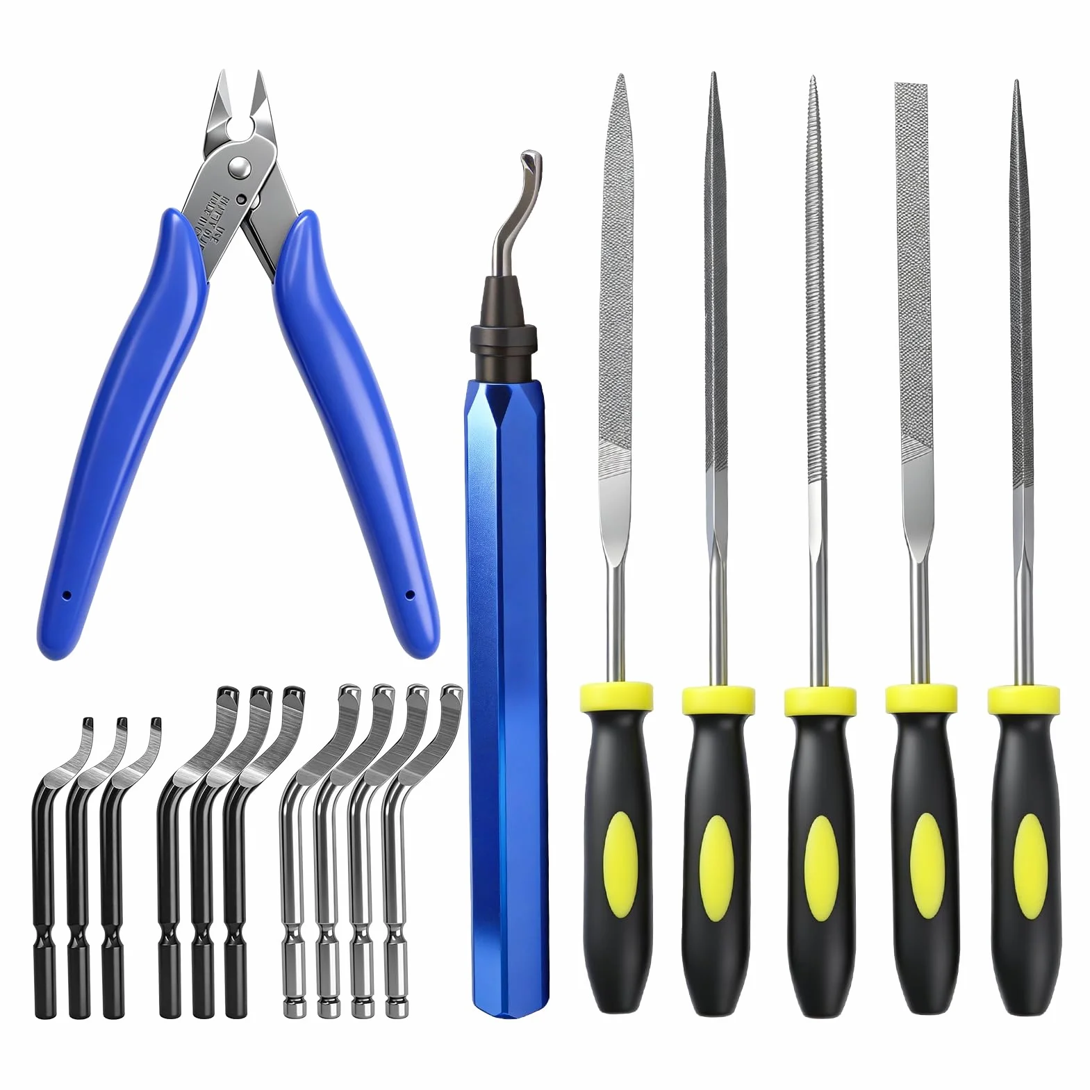 Kit de Desbarbado Manual con 10 Cuchillas, 5 Limas y Alicate de Corte para Metal, Plástico, Resina