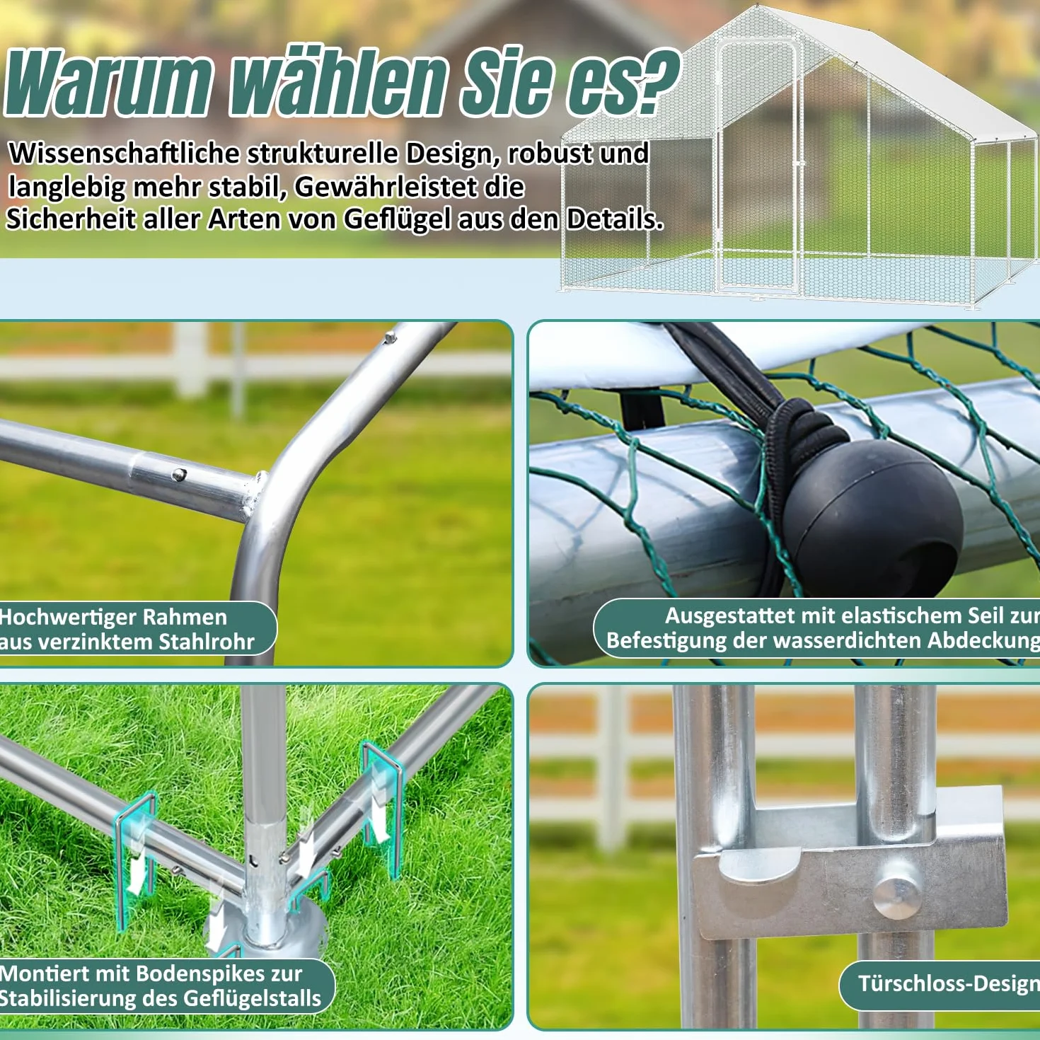 Cerradura Gallinero 3x8x2m Acero Galvanizado Jaula Pájaros Mascotas