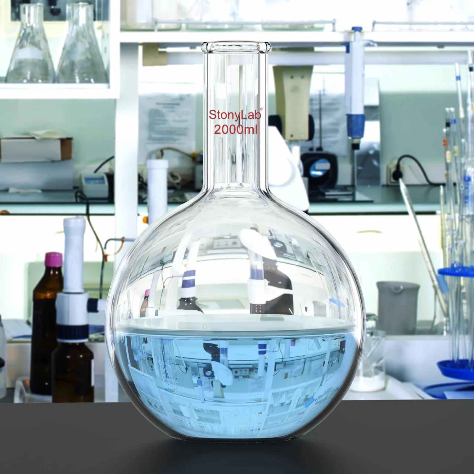 Matraz Fondo Plano 2000ml (2L) de Cristal Borosilicato Pared Gruesa con Cuello Largo Matraz Laboratorio