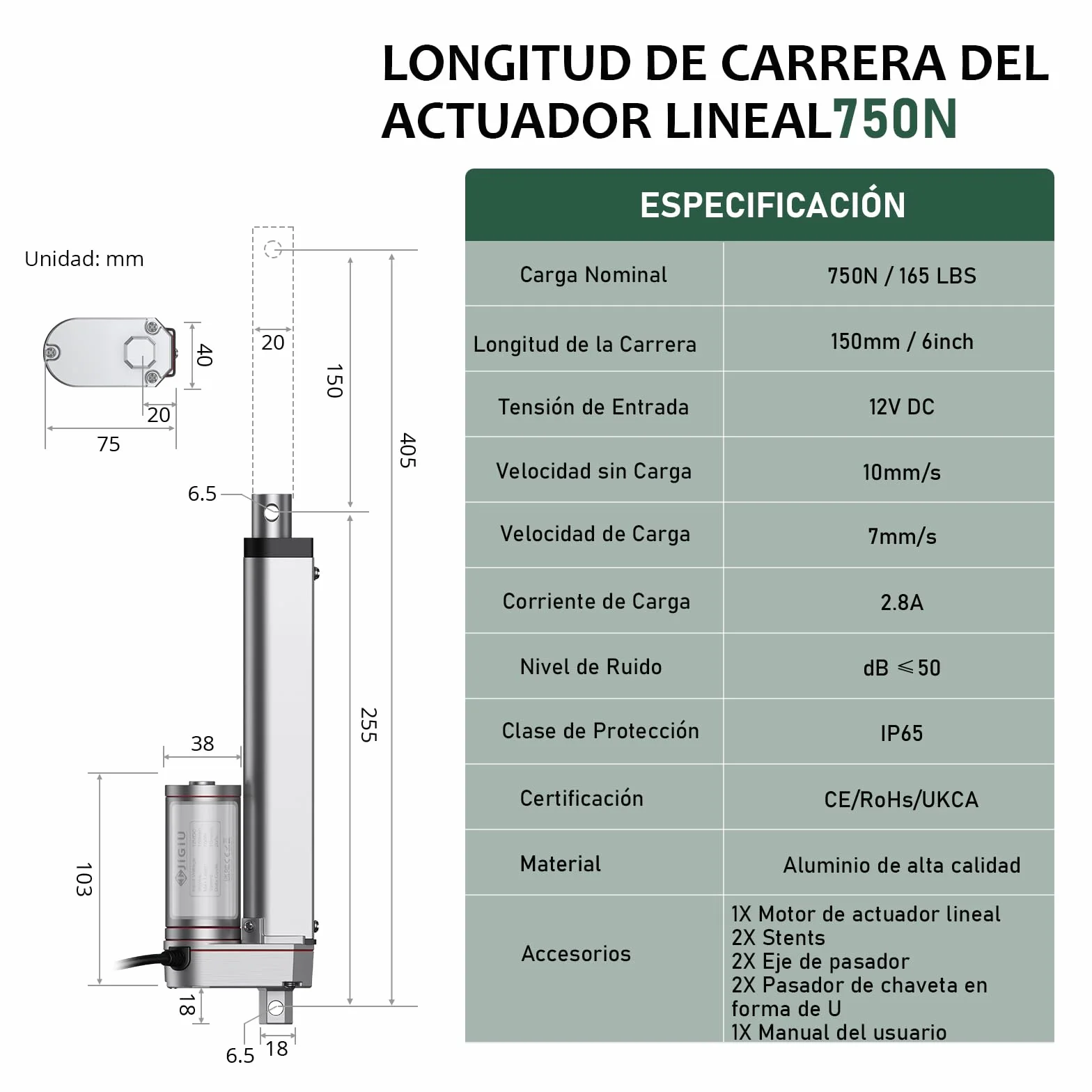 JiGiU Actuador Lineal 750N 150mm DC 12V 10mm/s IP65 Heavy Duty para Coche RV Puerta Eléctrica