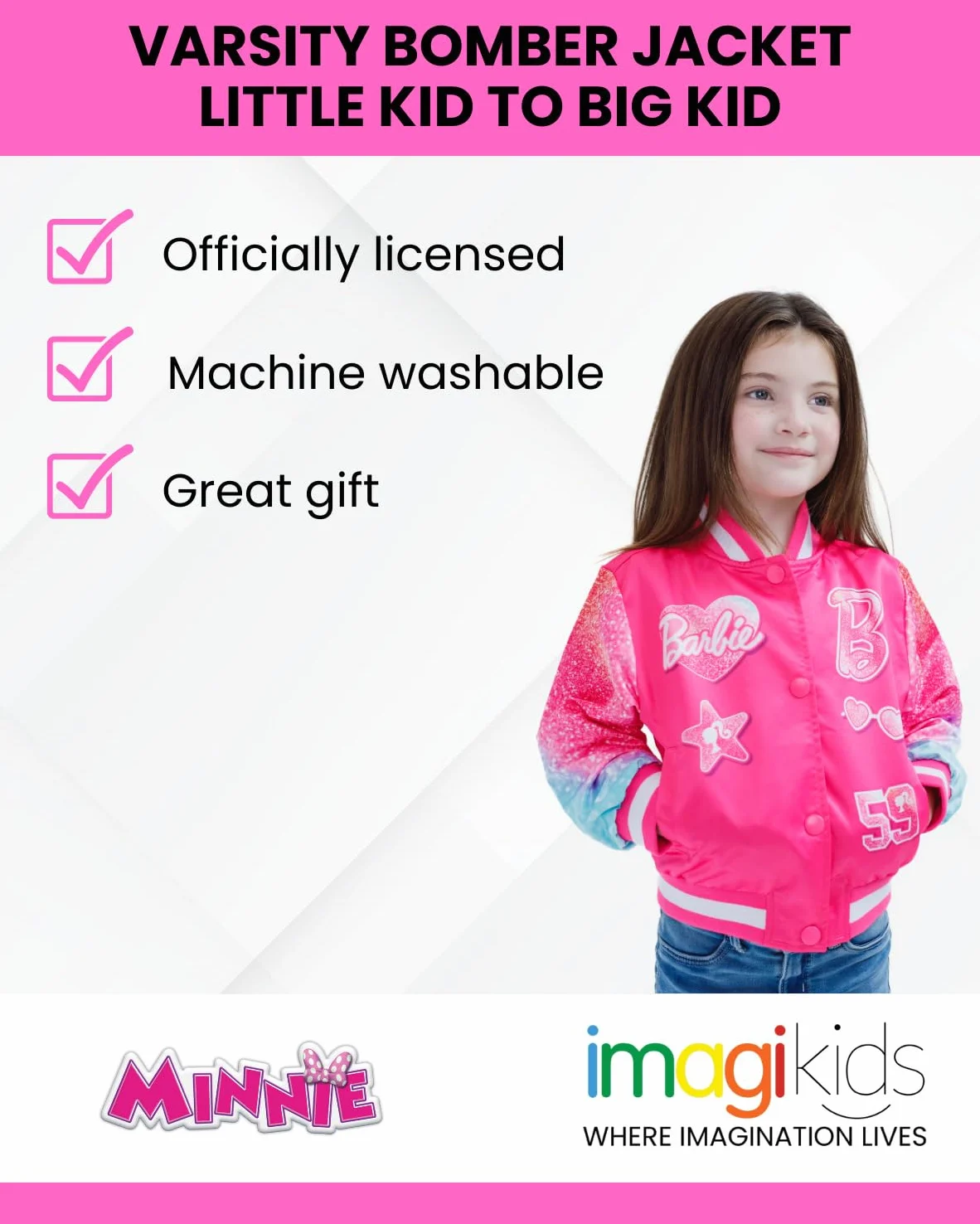 Barbie Chaqueta bomber universitaria para niñas, tallas de niño pequeño a niño grande (4-14-16)