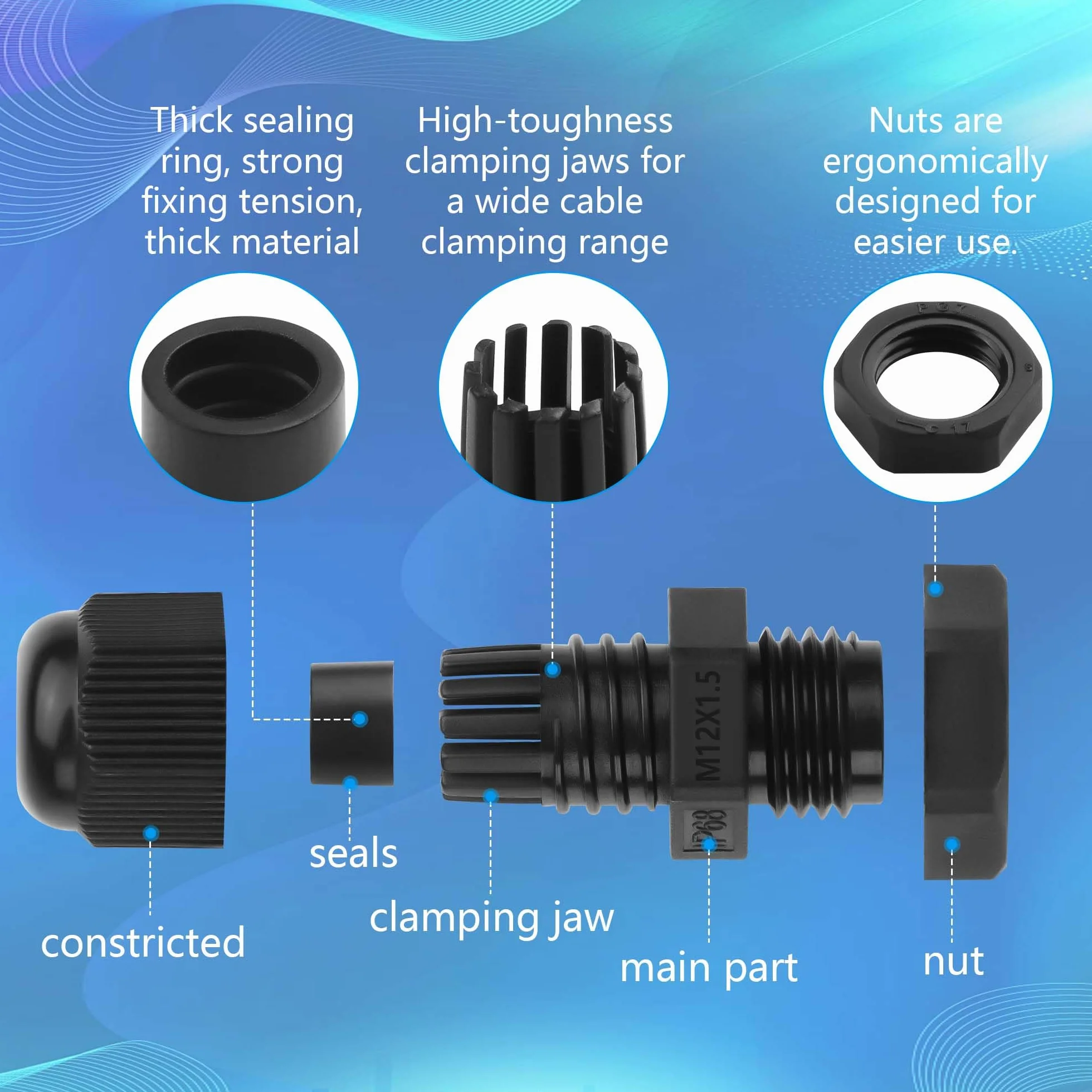 GINTOOYUN 10 unidades M12 x 1,5 glándula de cable impermeable de nailon articulado 3 mm 6,5 mm