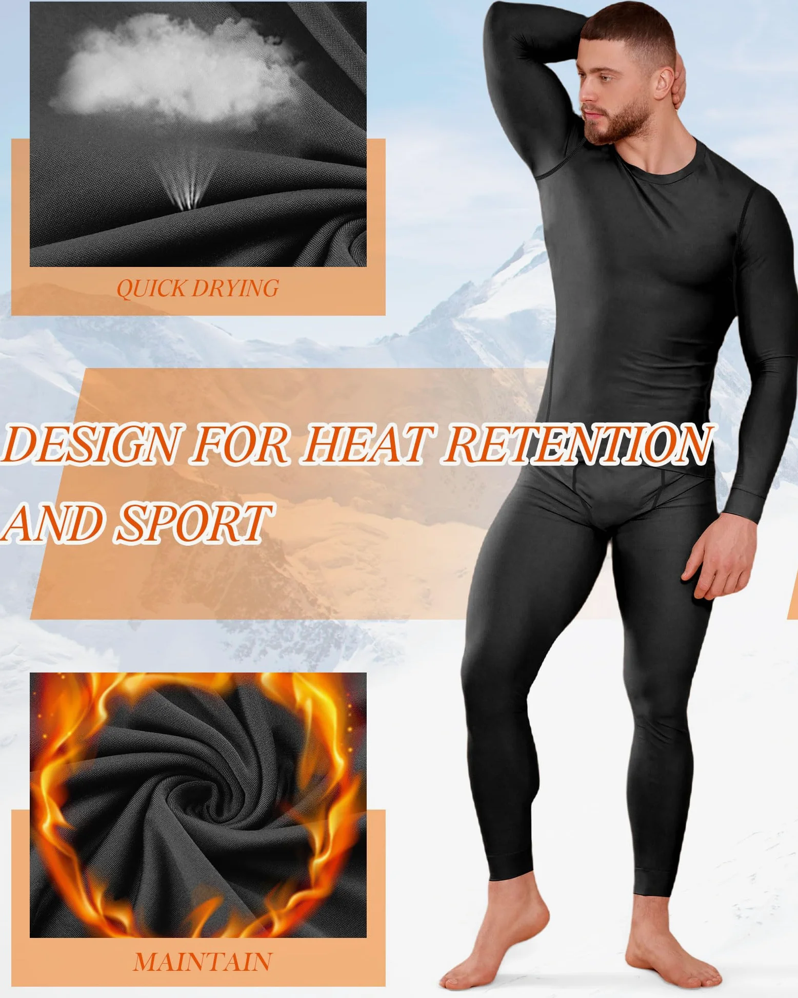 Juego de 3 ropa interior térmica de invierno para hombre, pantalones largos, capa base para hombre, clima frío, forro polar, parte superior inferior para equipo de caza, deporte, Negro, azul marino,