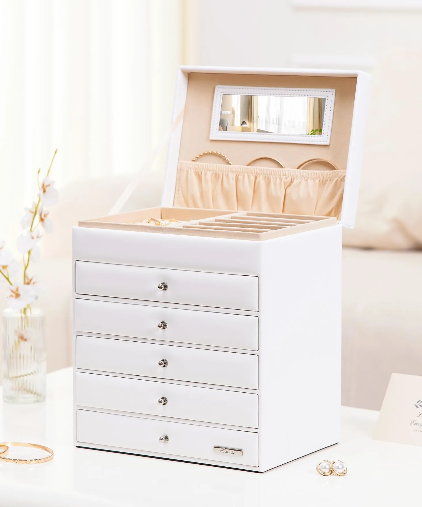 Yorbay Caja de joyas grande con espejo para mujer: 6 niveles y 5 cajones | Compartimentos collares anillos pendientes relojes–Para tocador cómoda–Piel sintética forro terciopelo–Blanco