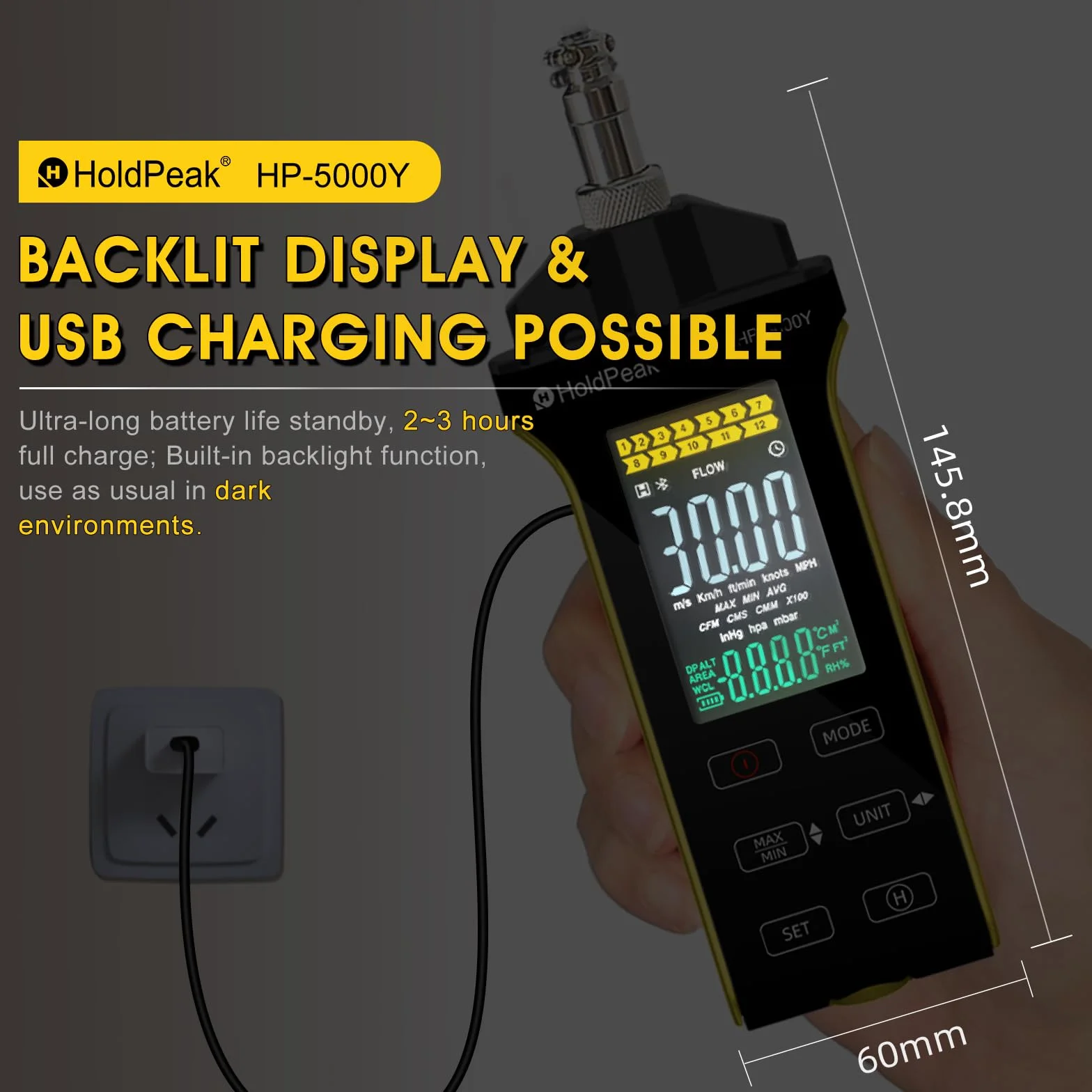 HOLDPEAK Anemómetro digital de alambre caliente CFM CMM medición temperatura sonda telescópica pantalla iluminada USB