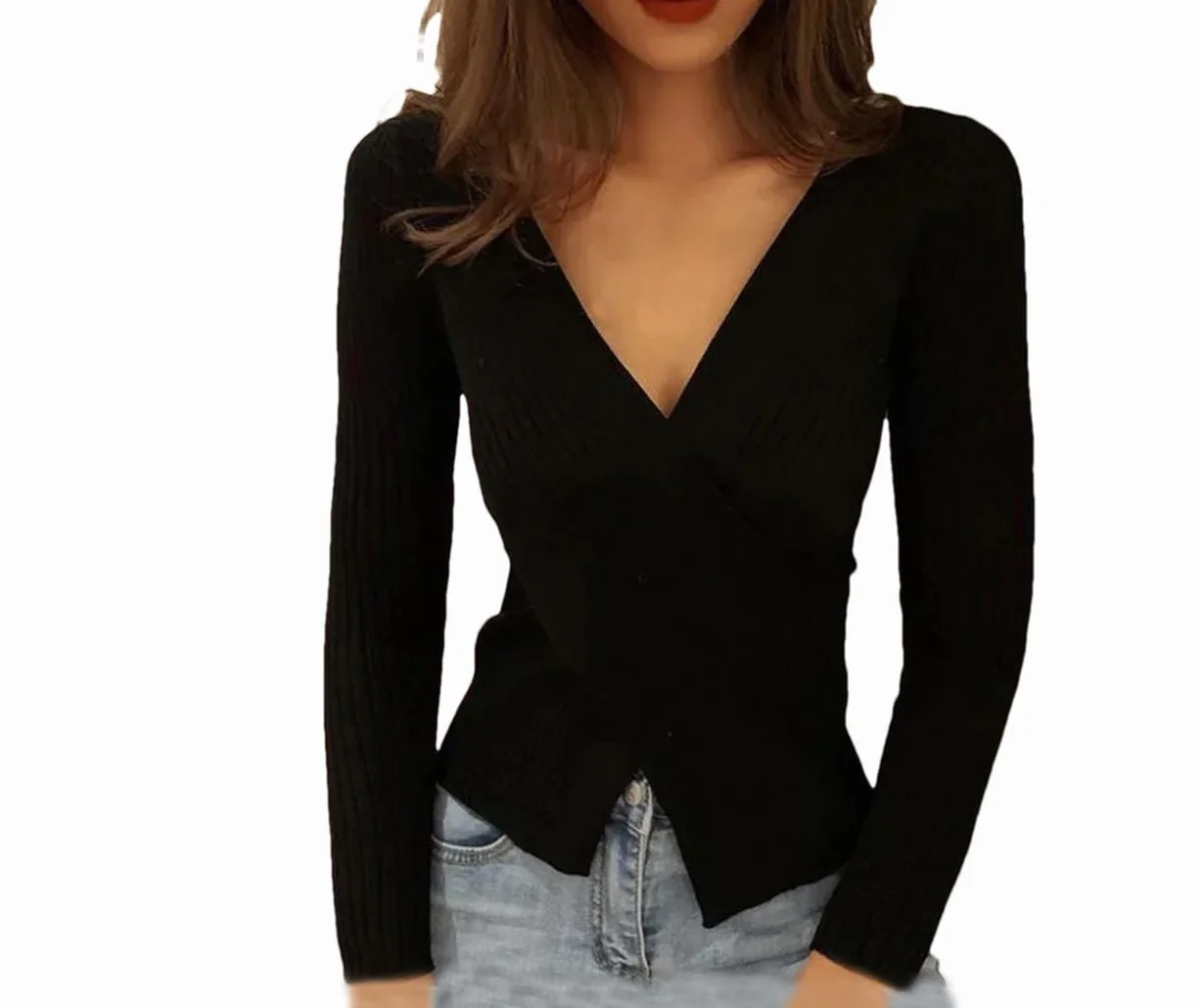 Suéteres Cruzados con Cuello En V para Mujer Jersey Liso De Punto De Manga Larga Jersey A Rayas Camisa Informal Mujer