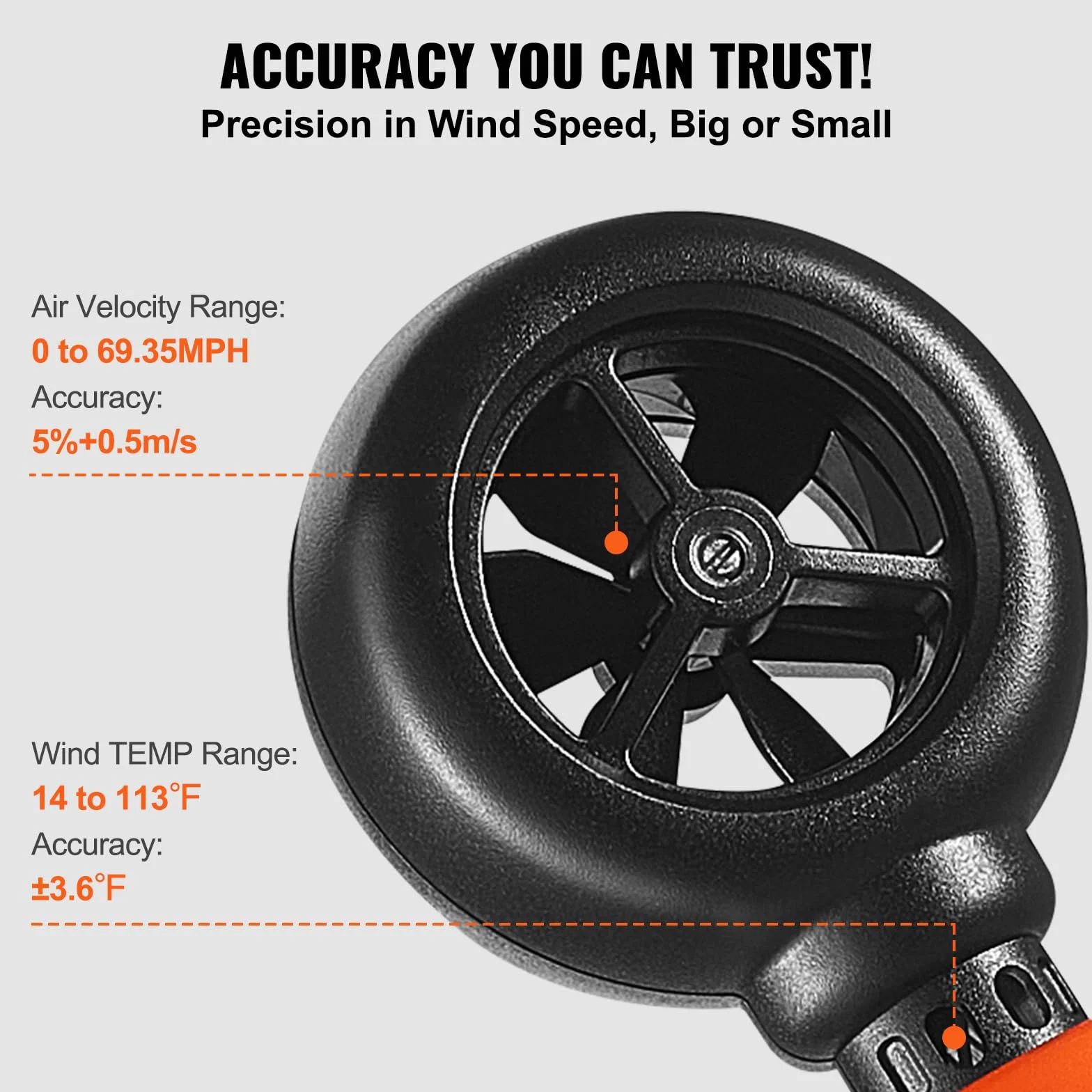 VEVOR Anemómetro Portátil Digital con Pantalla LED -10~45°C Medir Velocidad del Viento Temperatura