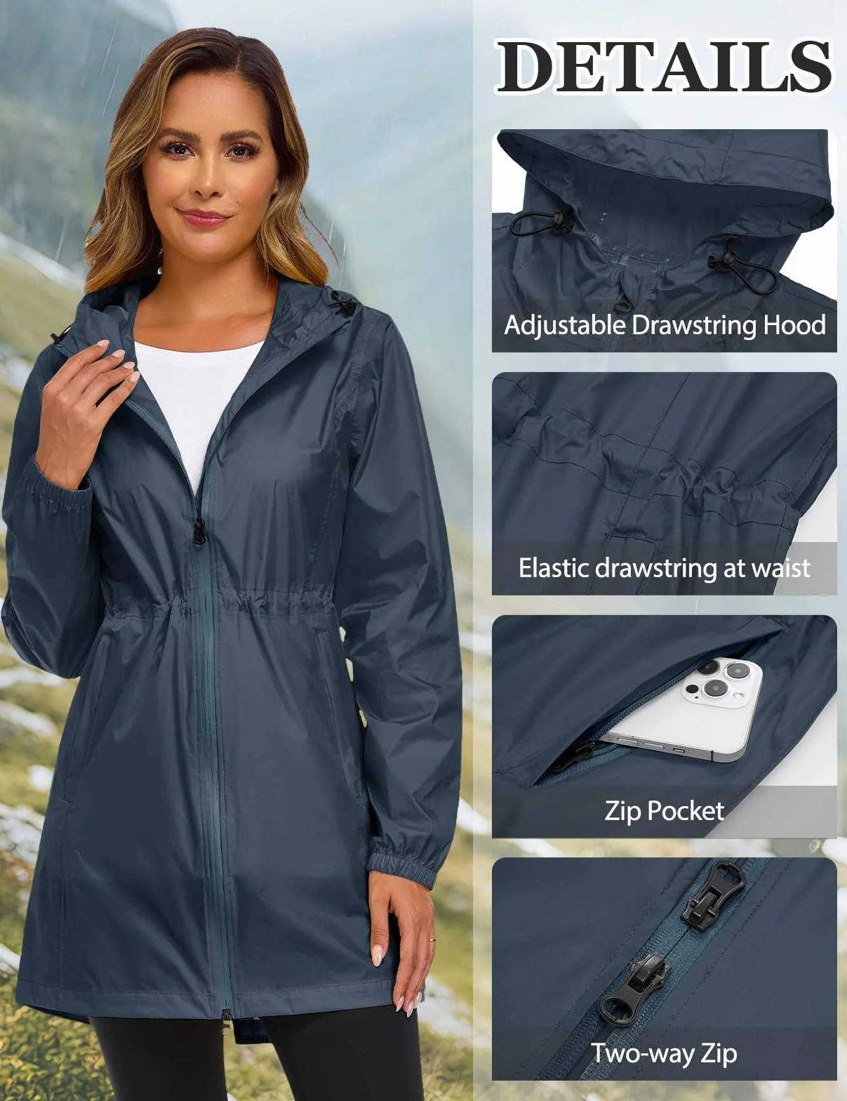 CMTOP Chubasquero Mujer Plegable Impermeable Cortavientos Chaqueta de Lluvia con Capucha