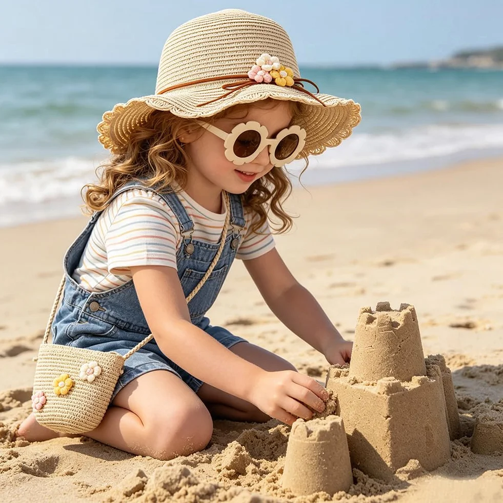 Sombrero de Paja Niñas, Gorra de Sol Chica y Bolsa de Paja Set Gorro de Playa Gafas de Sols Playa de Verano Sombrero Mini Bolsa Cruzada de Pajas Sombreros para Viaje Beach Piscina(Beige)