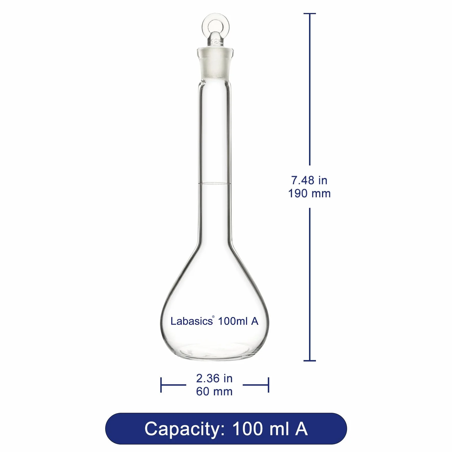 Labasics Matraz Aforado 100 ml Vidrio Borosilicato Clase A Tapón Vidrio Transparente para Laboratorio Químico Analítico