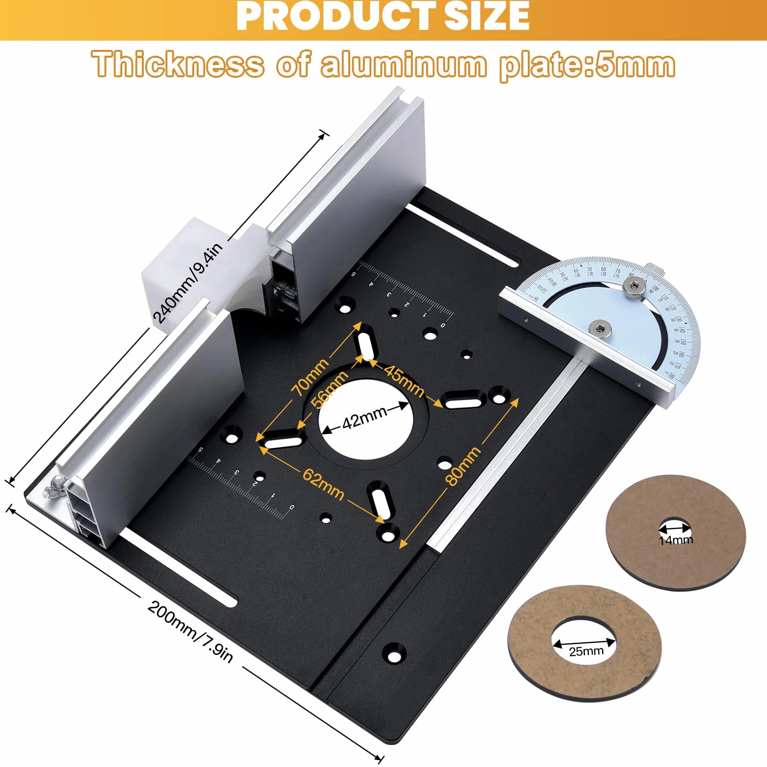 Placa de Inserción de Aluminio para Mesa de Fresadora con Guía Trasera y Regla de Ángulo, Negra