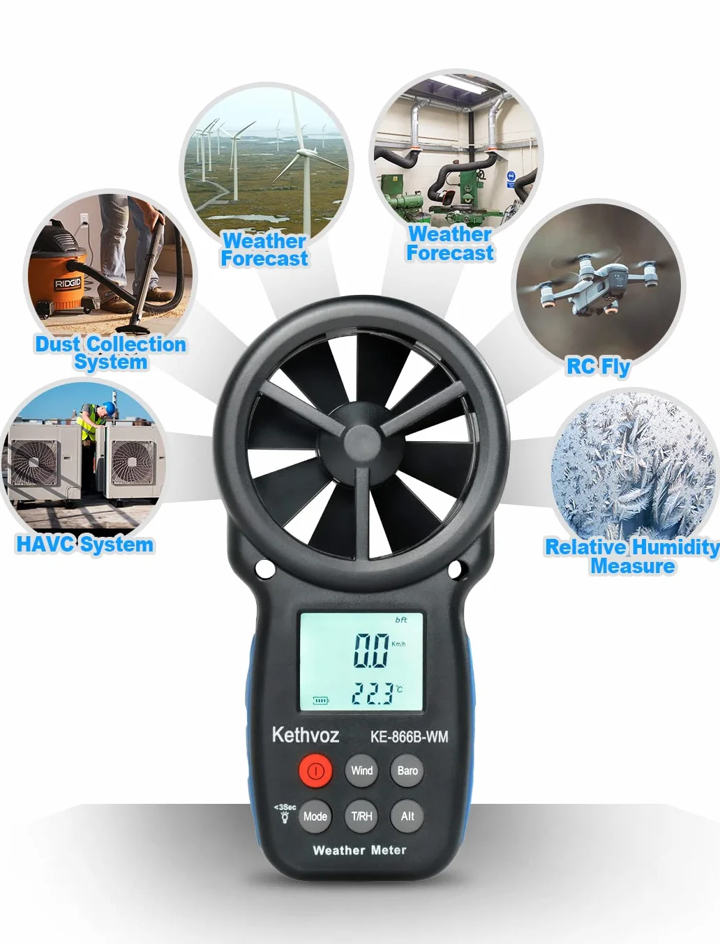 Anemómetro Digital Kethvoz KE-866B-WM Medidor de Viento con Barómetro, Altímetro y Medición de Humedad