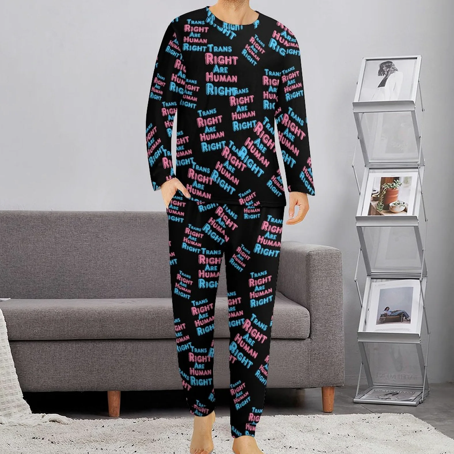 Trans Rights Are Human Rights - Conjunto de pijama para hombre, cuello redondo, ropa de dormir larga, 2 piezas