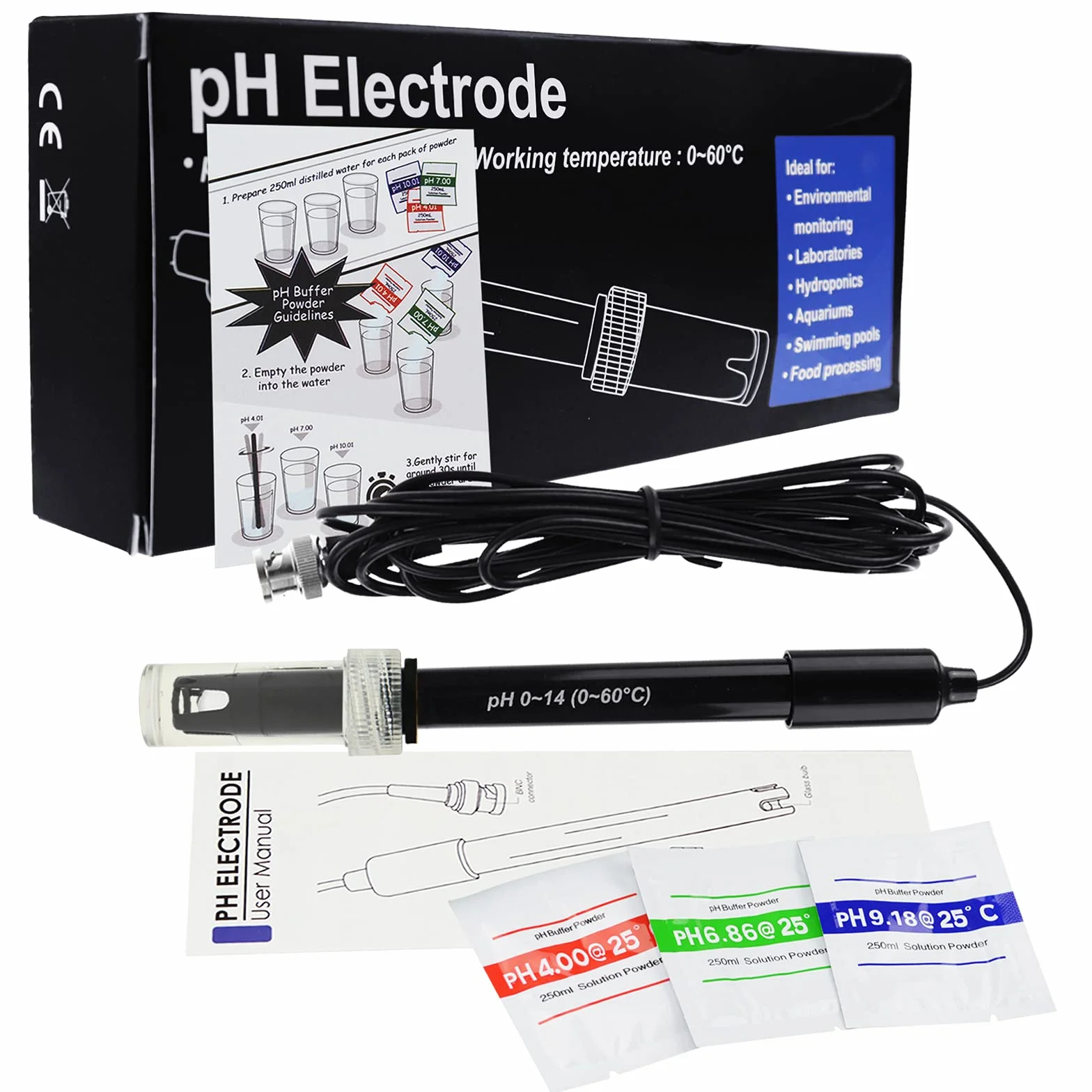 Cable Electrodo Sonda de pH Reemplazable 300 cm, 0-14 pH, Conector BNC, 3 Paquetes de Polvo de Calibración