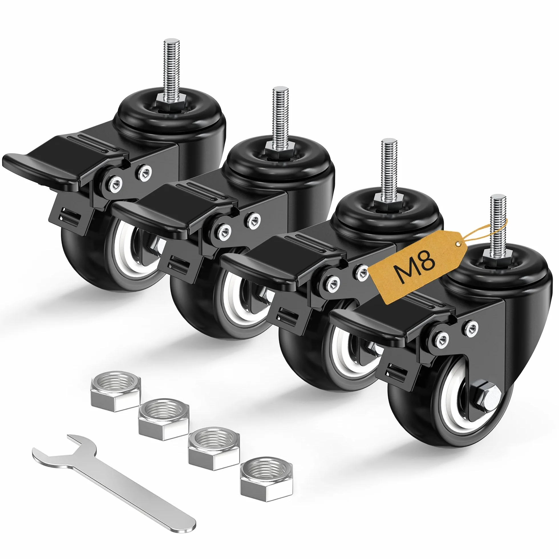 HOLKIE Juego de 4 ruedas giratorias con freno M8 x 25mm 50mm Negro